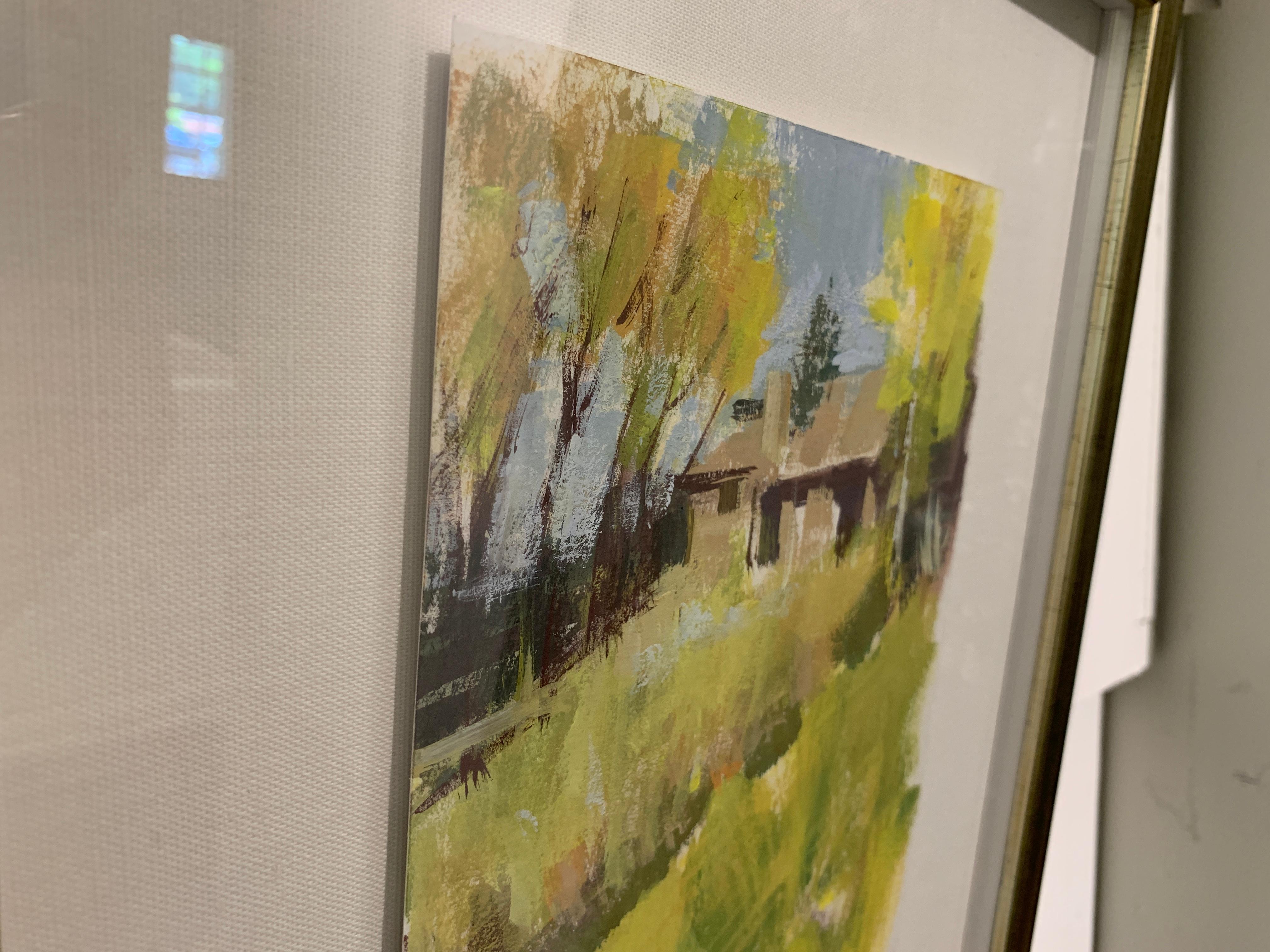 'Le Printemps' is a small framed acrylic on Arches cold press paper Impressionist landscape painting created by American artist Nancy Franke in 2019. Featuring a palette made of yellow, green and blue tones among others, this painting depicts a