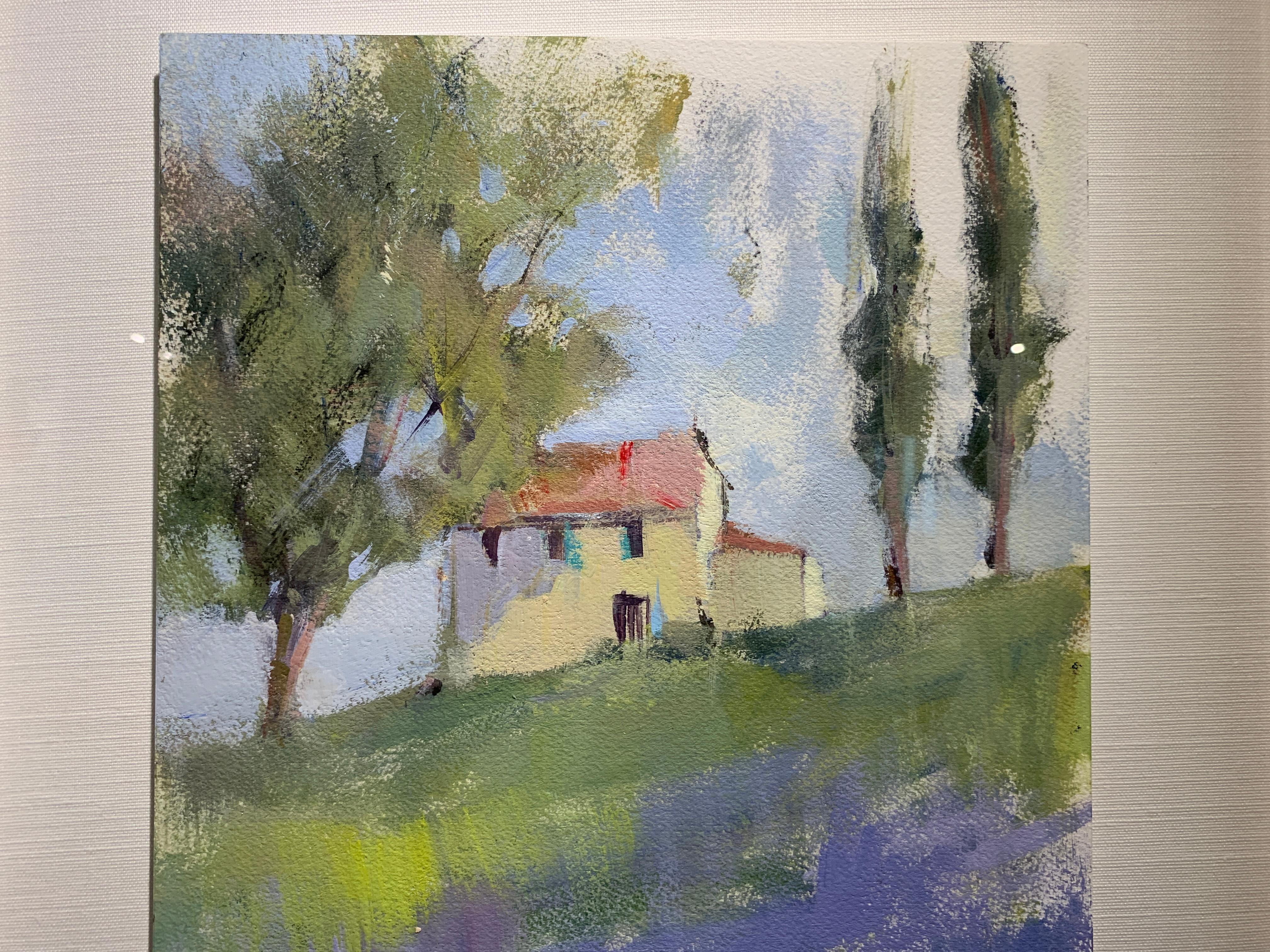'Near Gordes' is a small framed acrylic on Arches cold press paper Impressionist landscape painting created by American artist Nancy Franke in 2019. Featuring a palette made of green, purple and blue tones among others, this painting depicts a soft