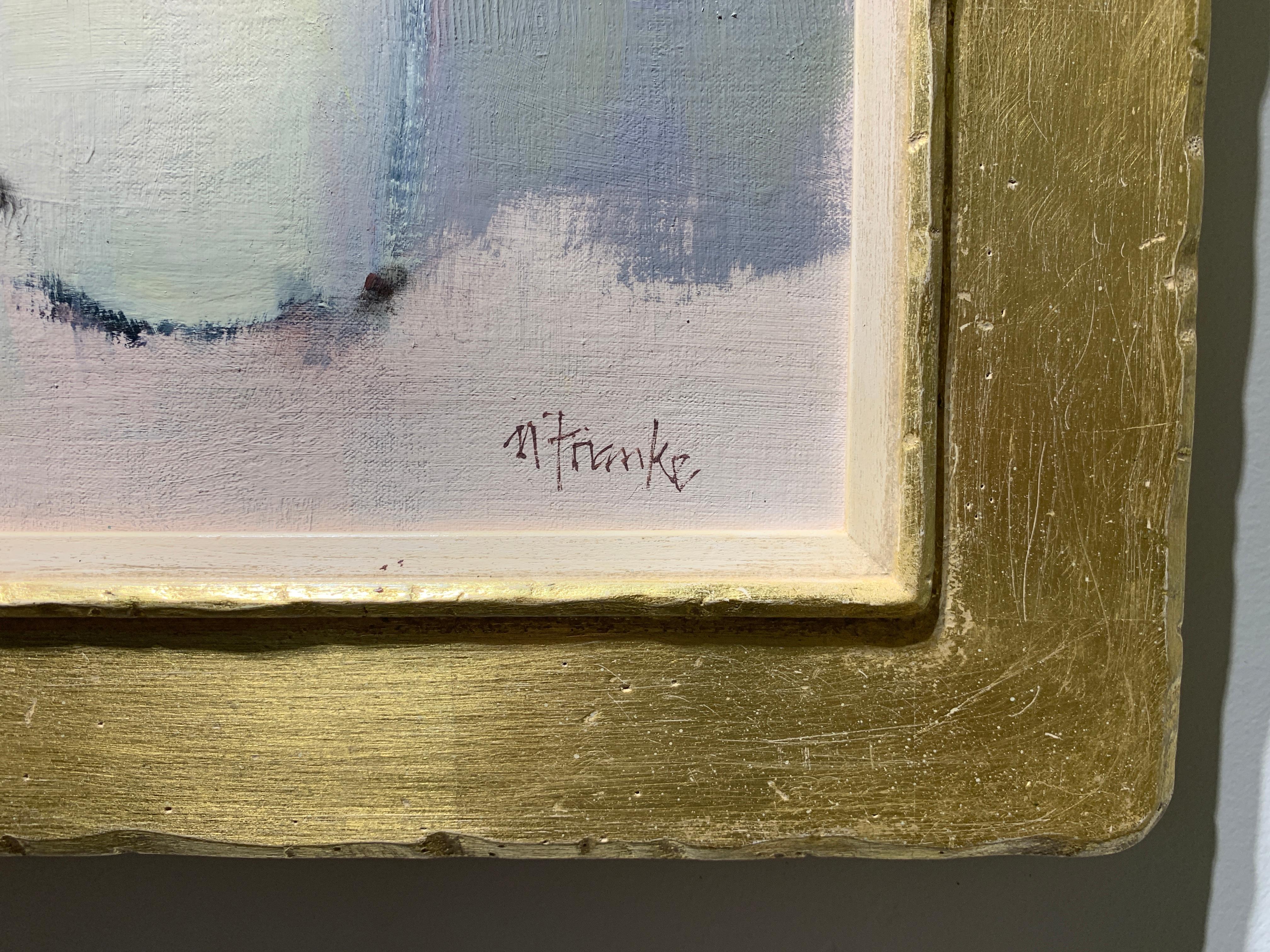 'Pale Grace' is a medium Impressionist oil on canvas floral painting of square format created by American artist Nancy Franke in 2019. Featuring a cool palette made of white, green, purple, blush and blue tones, with a pop of red; this painting