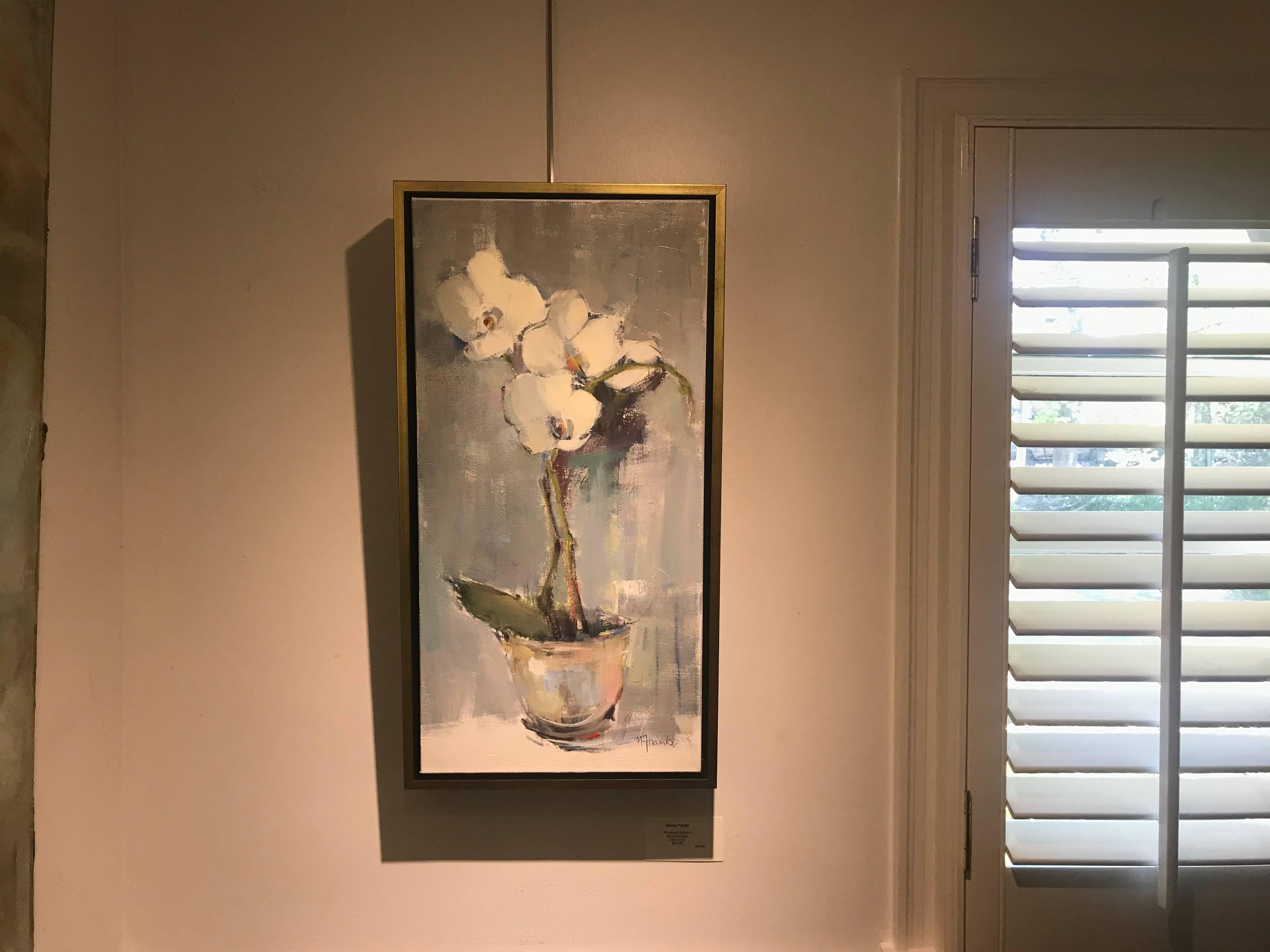 Positively Vibrant, Framed Vertical Oil on Canvas Impressionist Floral Painting - Black Still-Life Painting by Nancy Franke