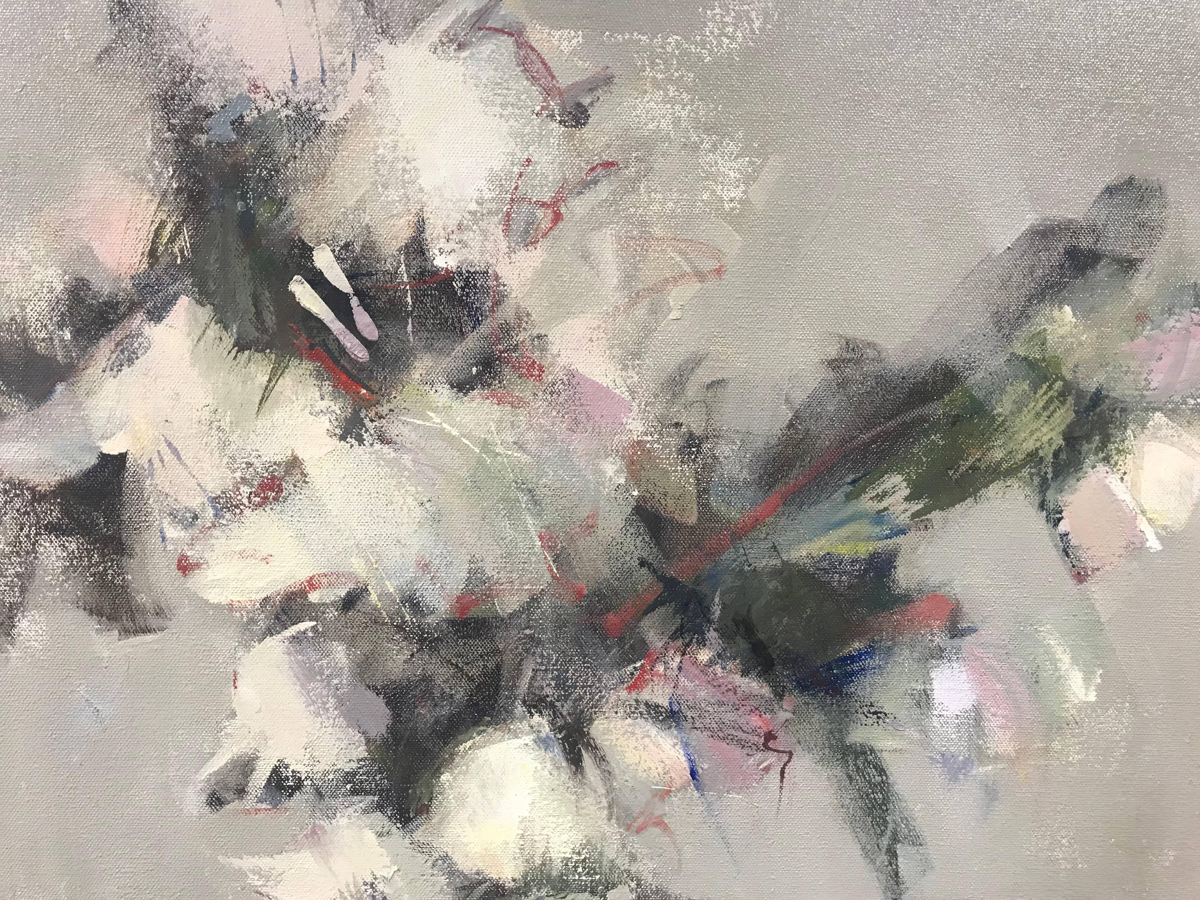 Soft Poetry, Small Acrylic on Canvas Floral Impressionist Painting - Gray Still-Life Painting by Nancy Franke