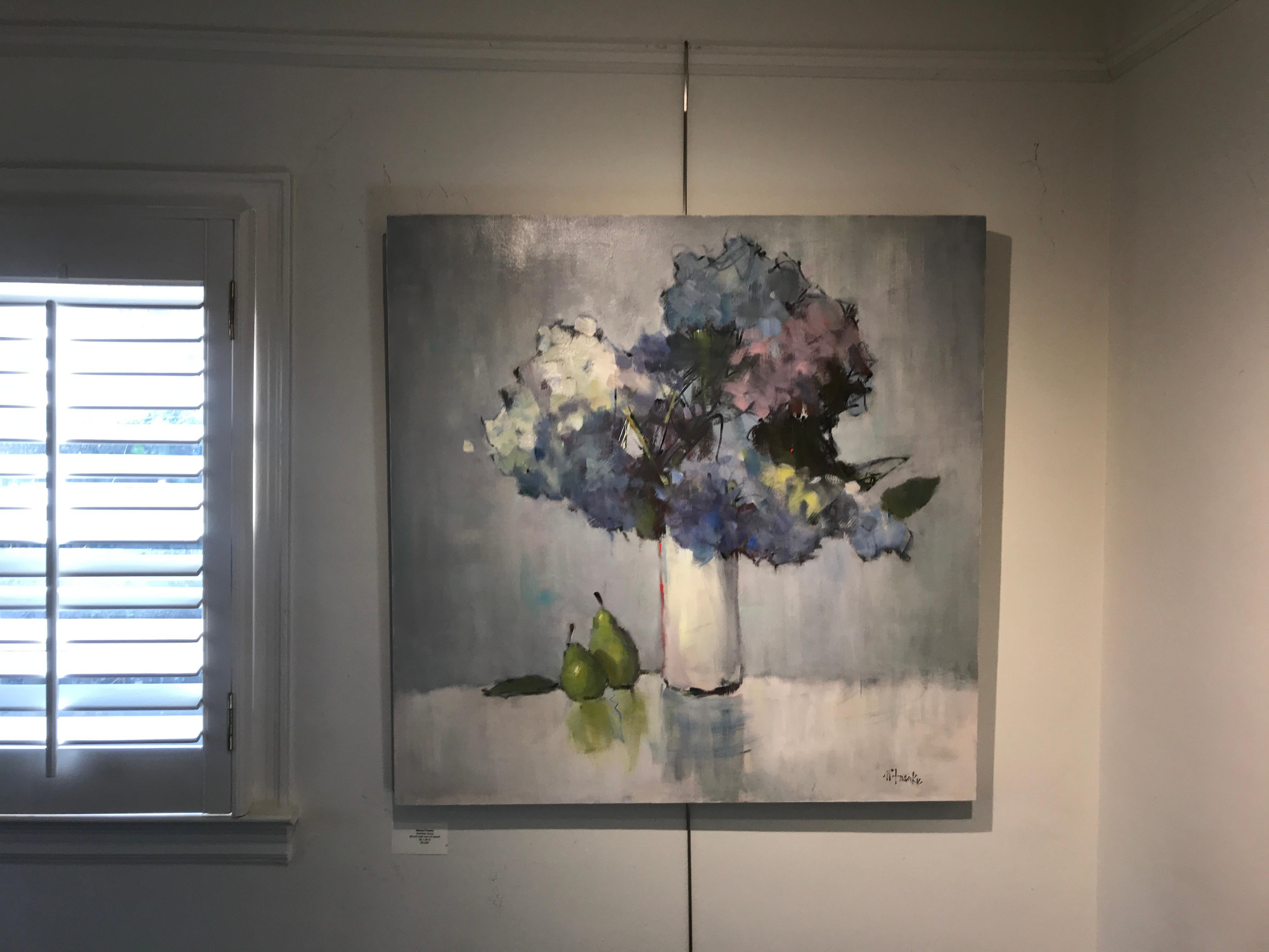 'Summer Song' is a medium size square-shaped Impressionist oil and cold wax on board floral painting created by American artist Nancy Franke in 2019. Featuring a palette made of blue, grey, pink, white and green tones among others, the painting