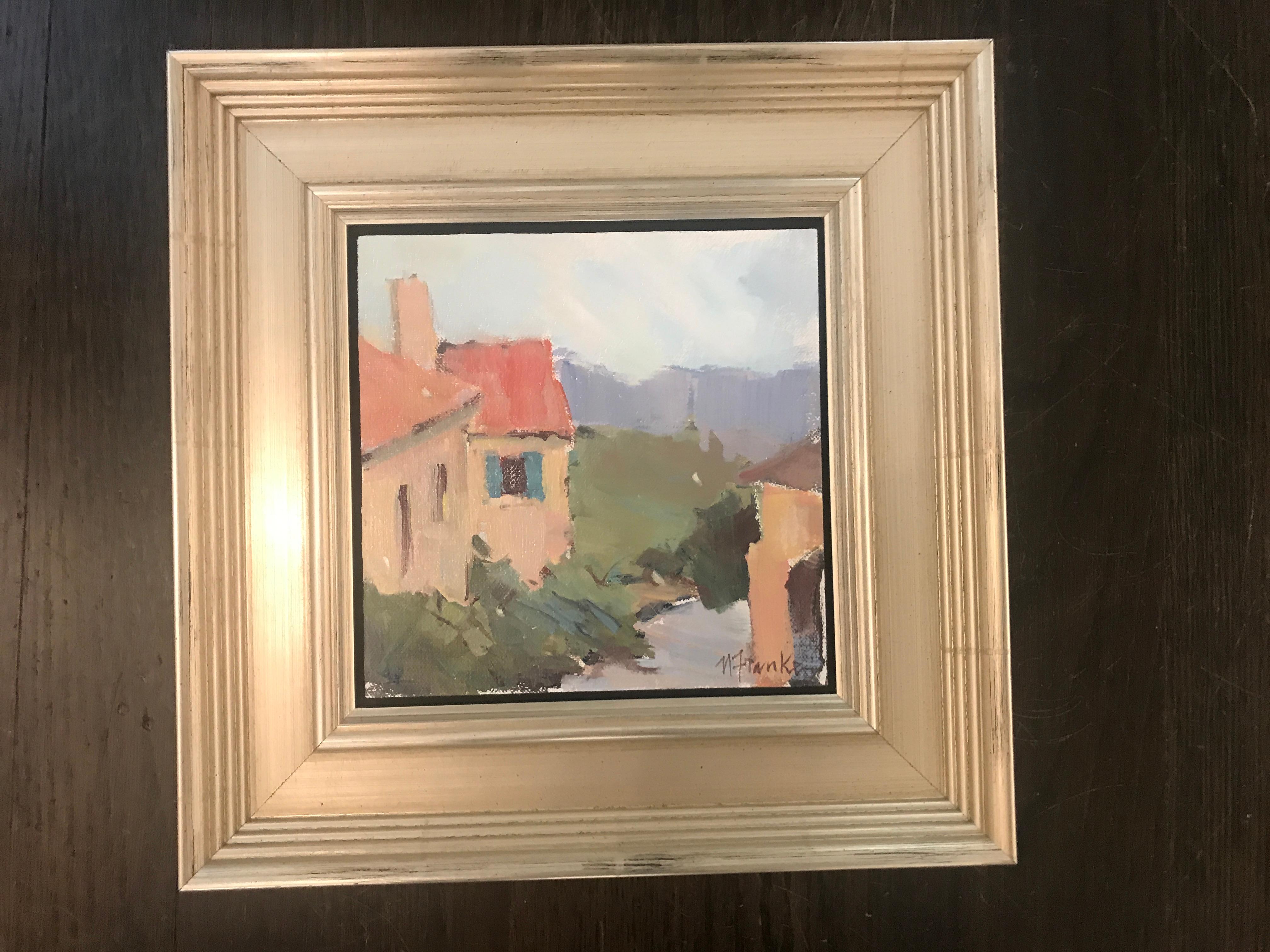 View from Gordes, Petite Square Framed Impressionist Painting - Gray Landscape Painting by Nancy Franke