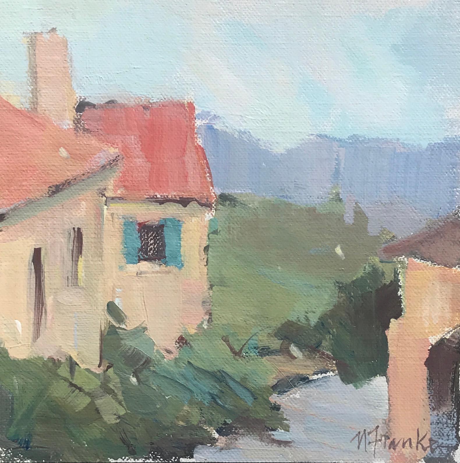 Nancy Franke Landscape Painting - View from Gordes, Petite Square Framed Impressionist Painting