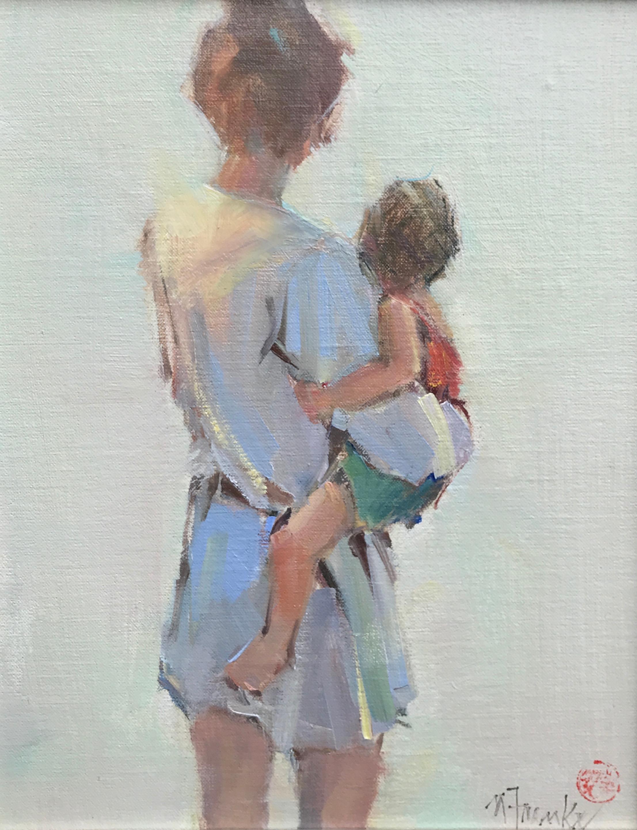 'Warmth' is a small framed figurative Impressionist oil on linen board painting of vertical format, created by American artist Nancy Franke in 2018. Featuring a soft palette mostly made of white, brown, blue, red and green tones, the painting