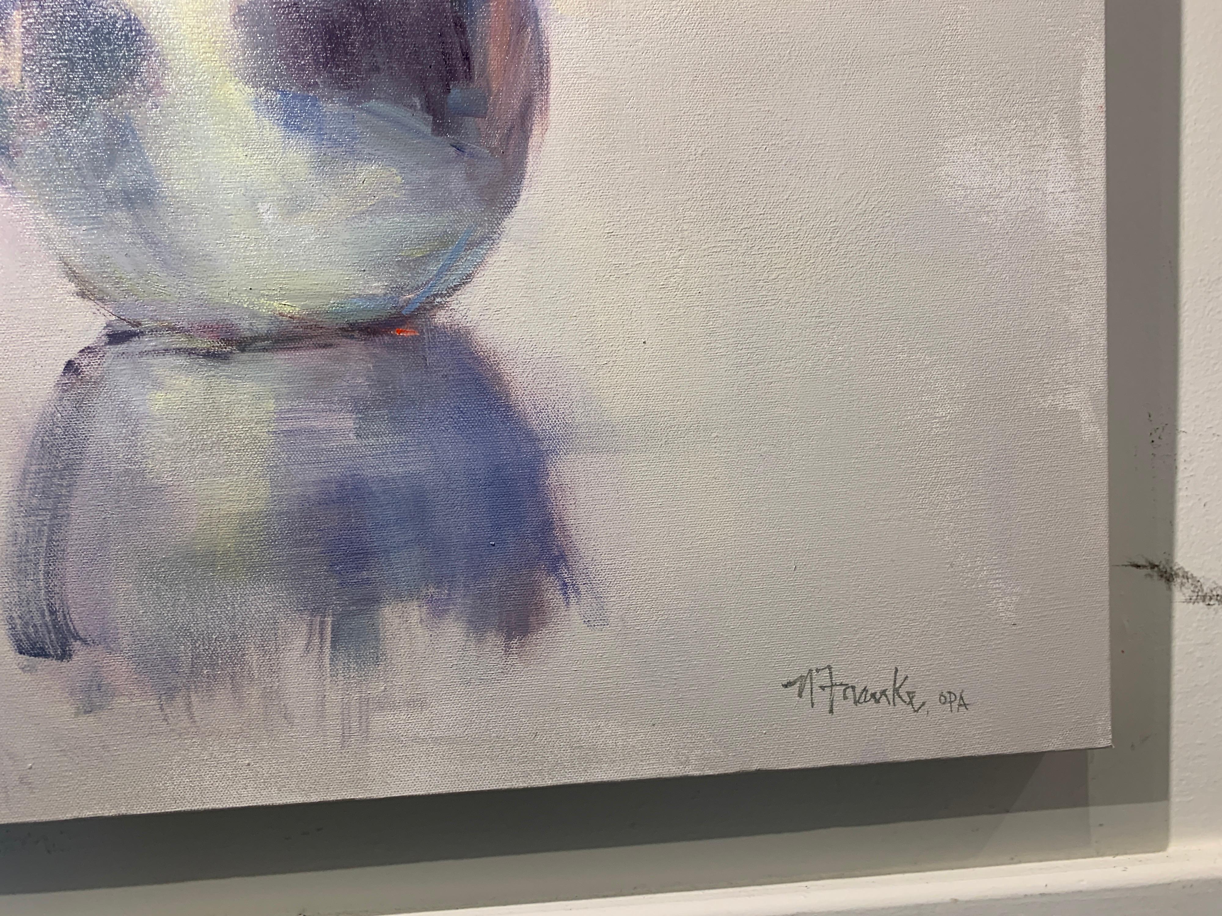 'Wild Thing' is an Impressionist oil on canvas floral painting of square format created by American artist Nancy Franke in 2021. Featuring a balanced palette palette made of neutral, white, green and blue-violet tones; this painting depicts a lovely