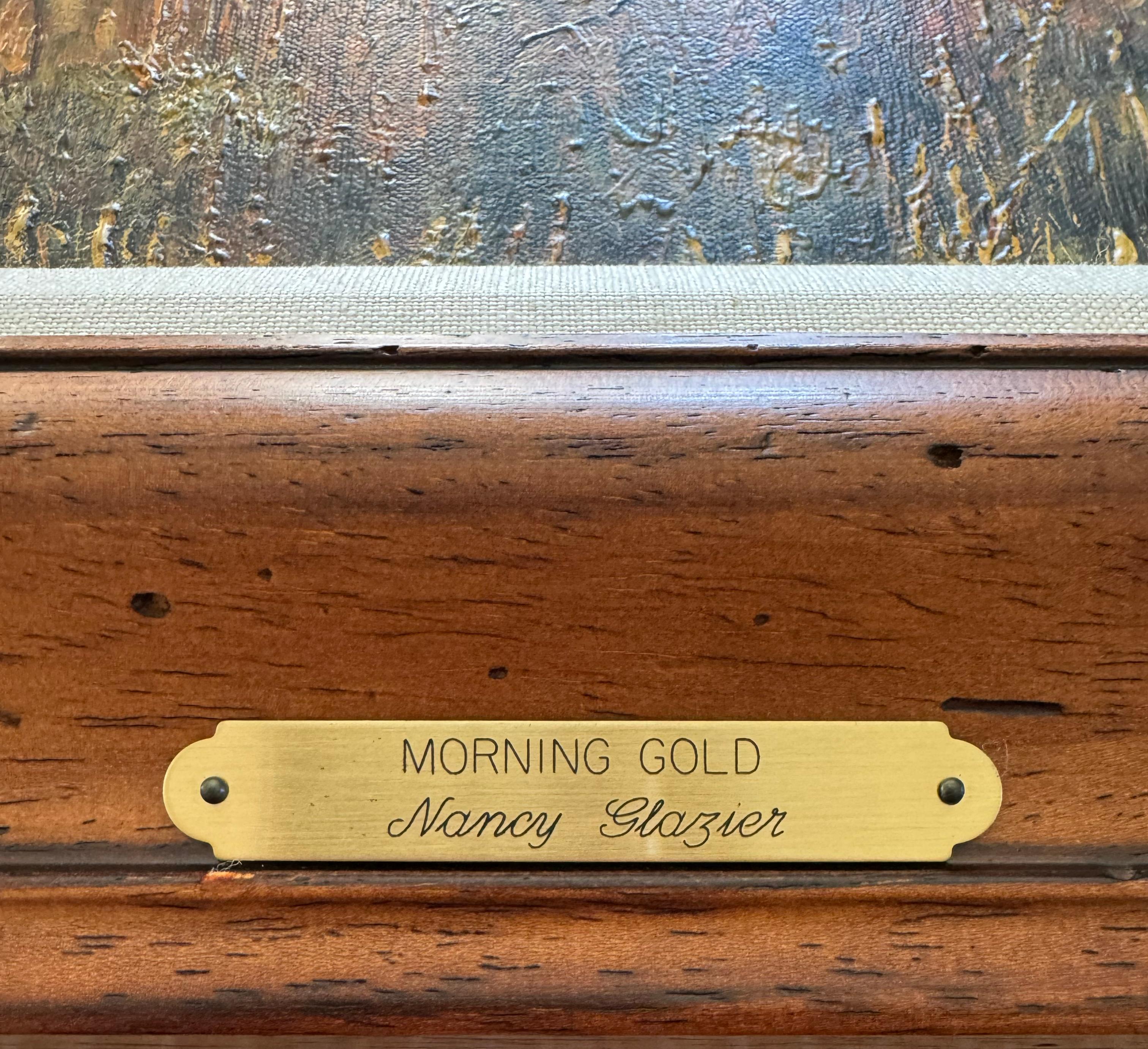 Morgengold, ein traditionelles Gemälde mit Hirschen in einer schönen Landschaft (Schwarz), Animal Print, von Nancy Glazier