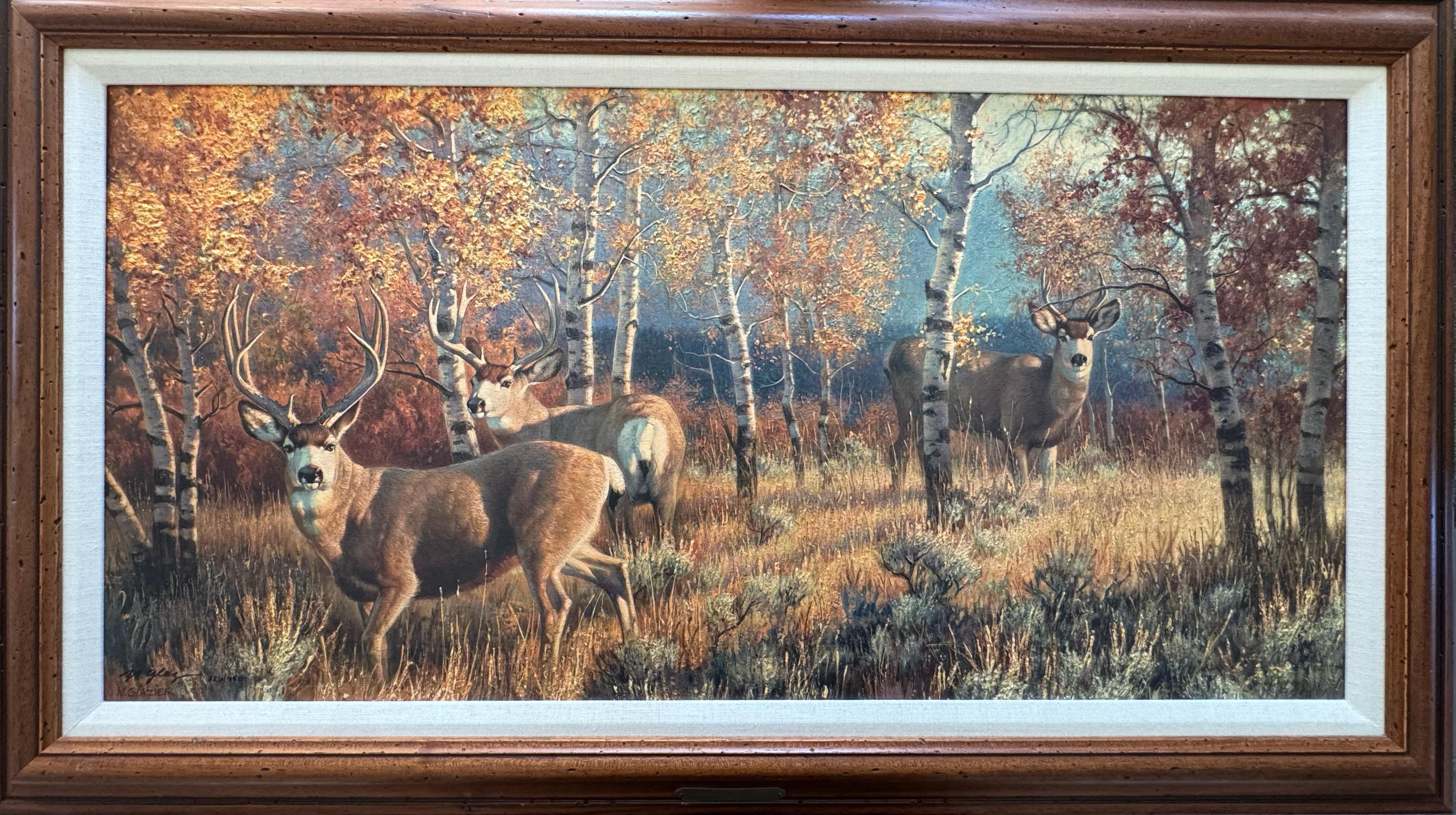 Morning Gold von Nancy Glazier ist eine beeindruckende Naturszene, die erstmals im Oktober 1998 als signierte und nummerierte Leinwand in limitierter Auflage veröffentlicht wurde. Dies ist ein Mastergraphics 3D-Druck. Schön gerahmt, die etwa sechs