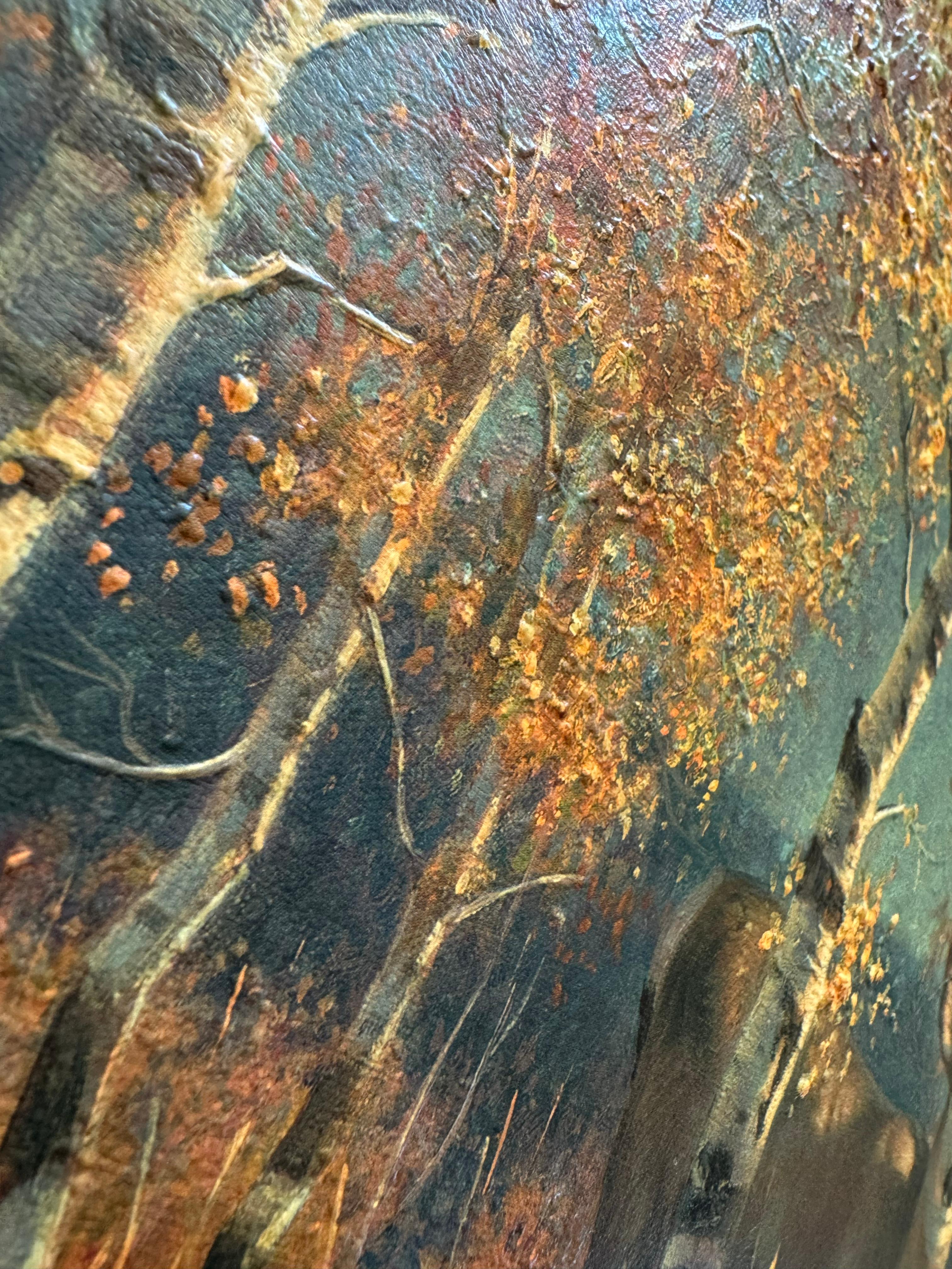 Morgengold, ein traditionelles Gemälde mit Hirschen in einer schönen Landschaft 2