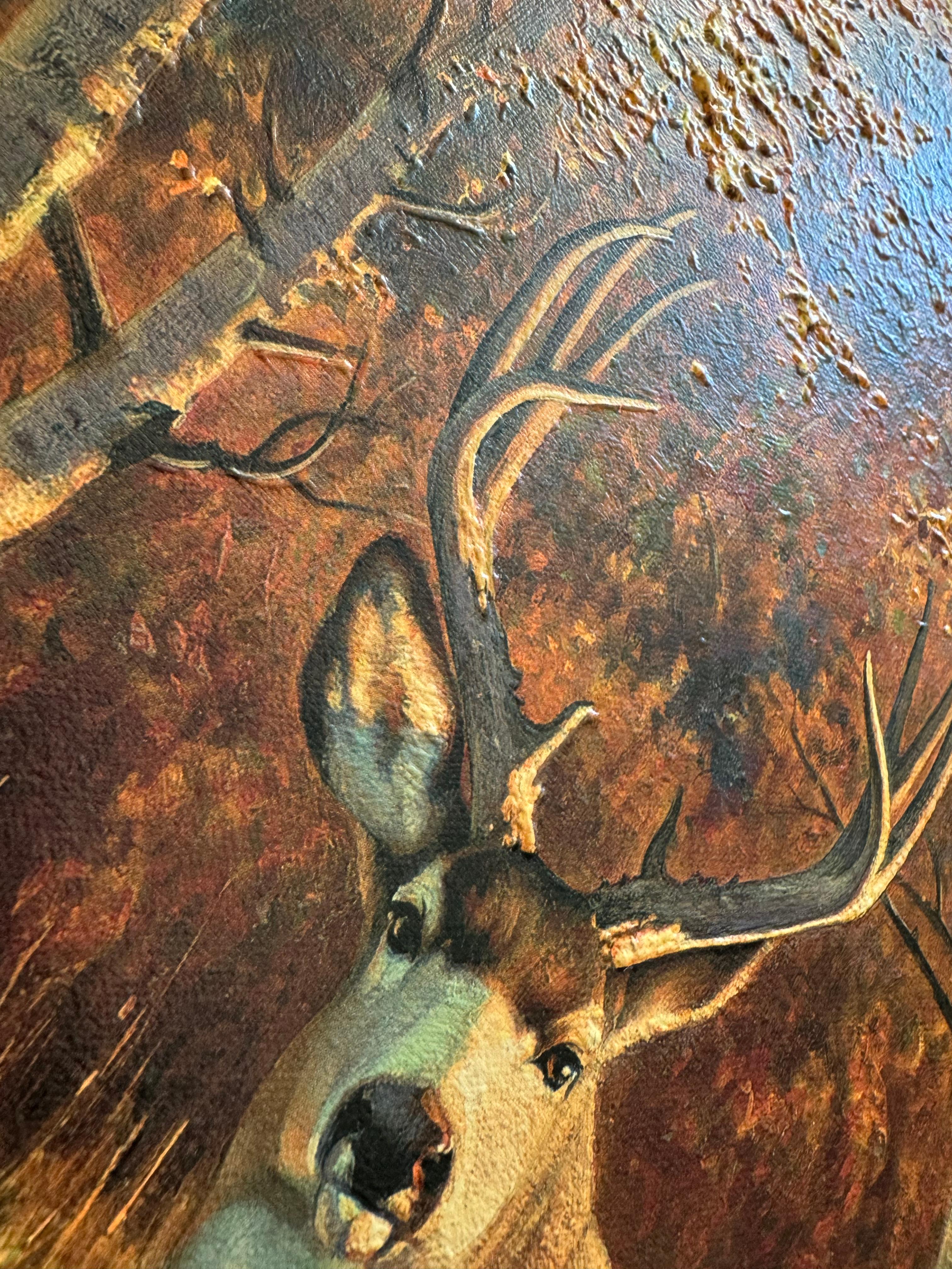 Morgengold, ein traditionelles Gemälde mit Hirschen in einer schönen Landschaft 3