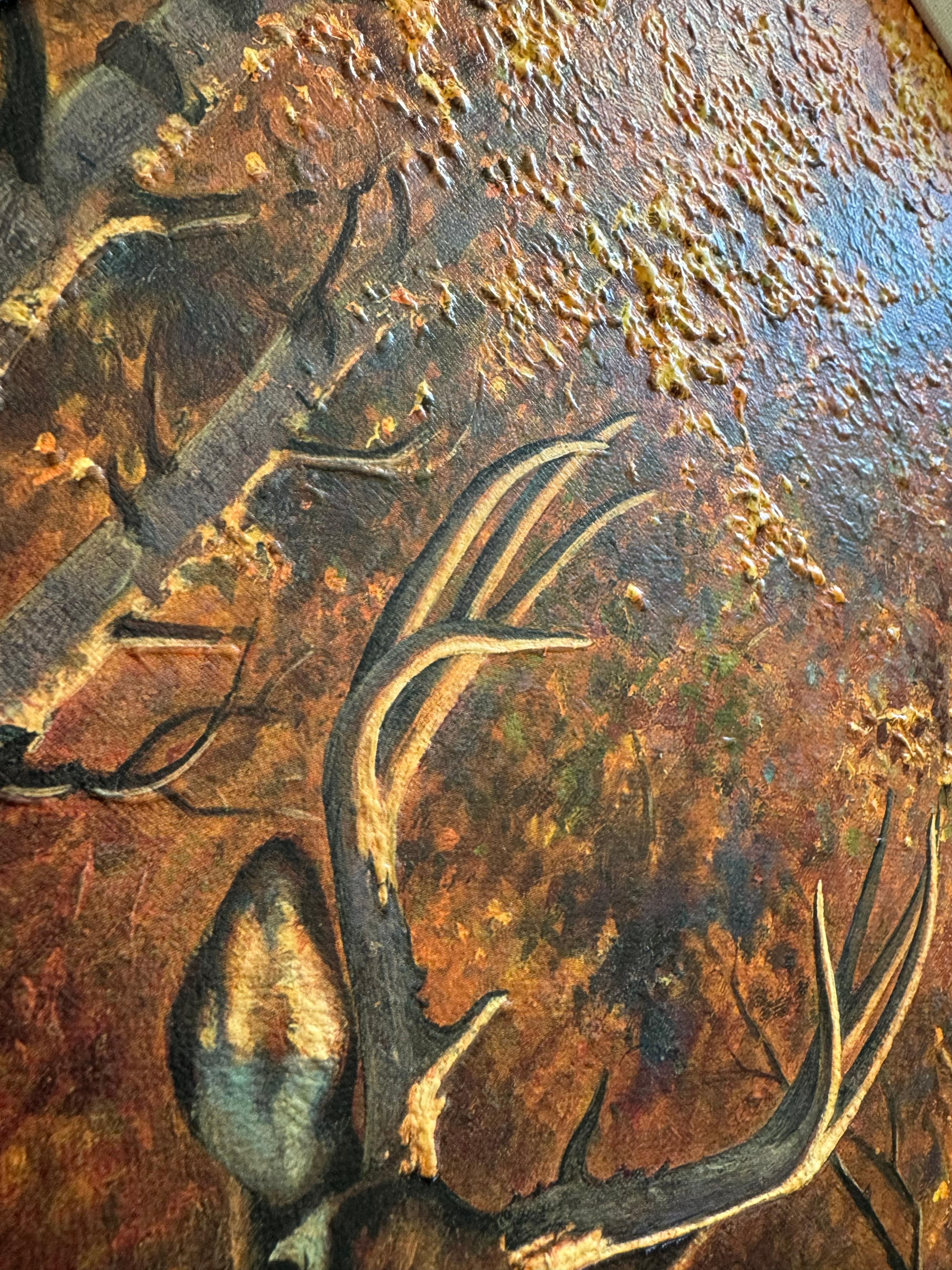 Morgengold, ein traditionelles Gemälde mit Hirschen in einer schönen Landschaft 4