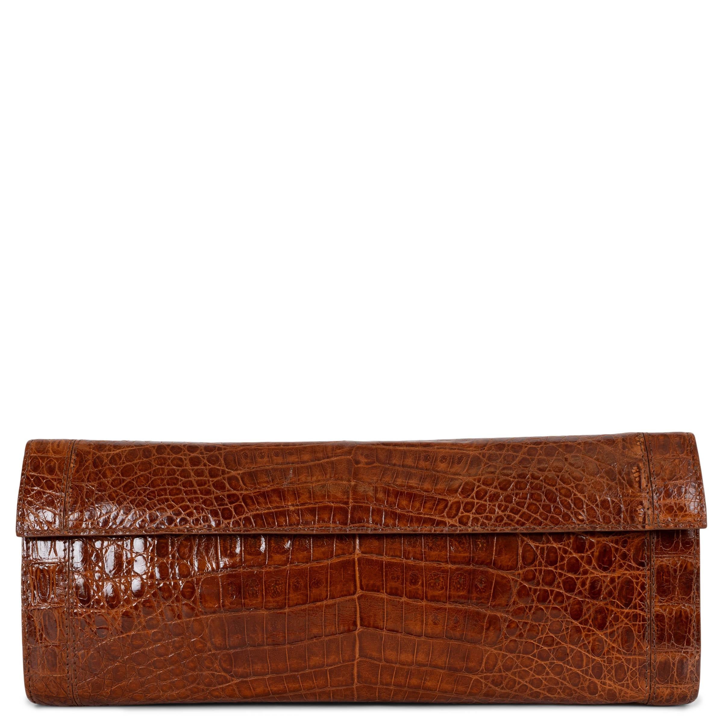 NANCY GONZALES honey brown shiny CROC GOTHAM SMALL Clutch Bag For Sale