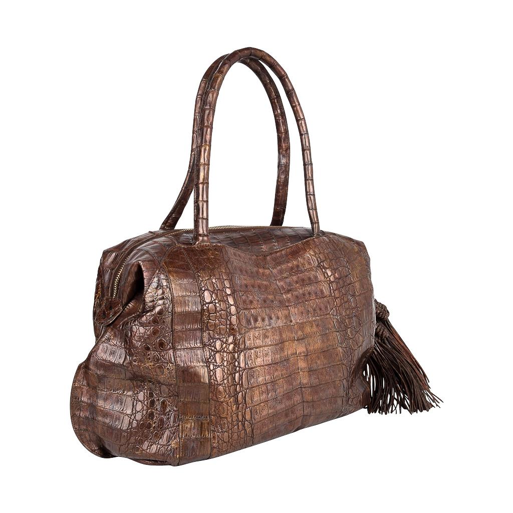 Nancy Gonzalez  Brown Gold Washed Crocodile Bag Side Tassels (Braun) im Angebot