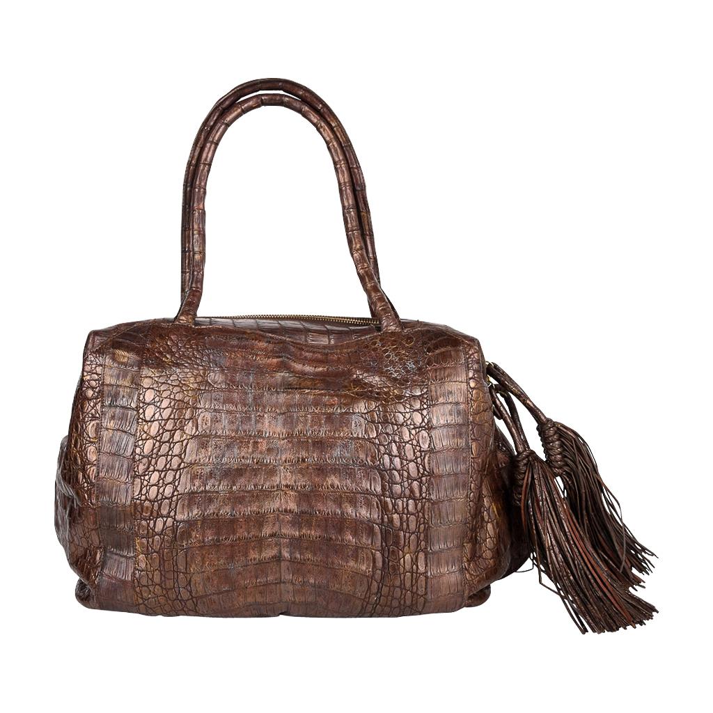 Marron Nancy Gonzalez  Brown Gold Washed Crocodile Bag Side Tassels en vente
