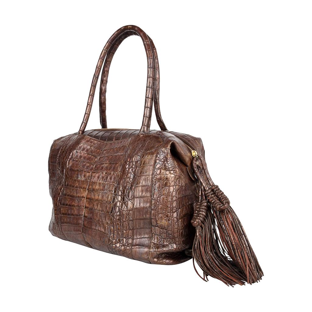 Nancy Gonzalez  Brown Gold Washed Crocodile Bag Side Tassels Damen im Angebot