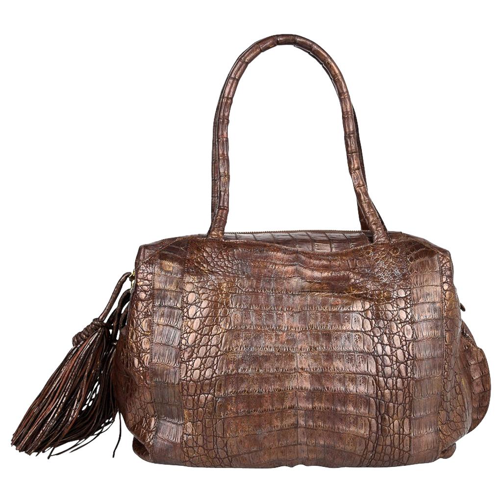 Nancy Gonzalez  Brown Gold Washed Crocodile Bag Side Tassels For Sale