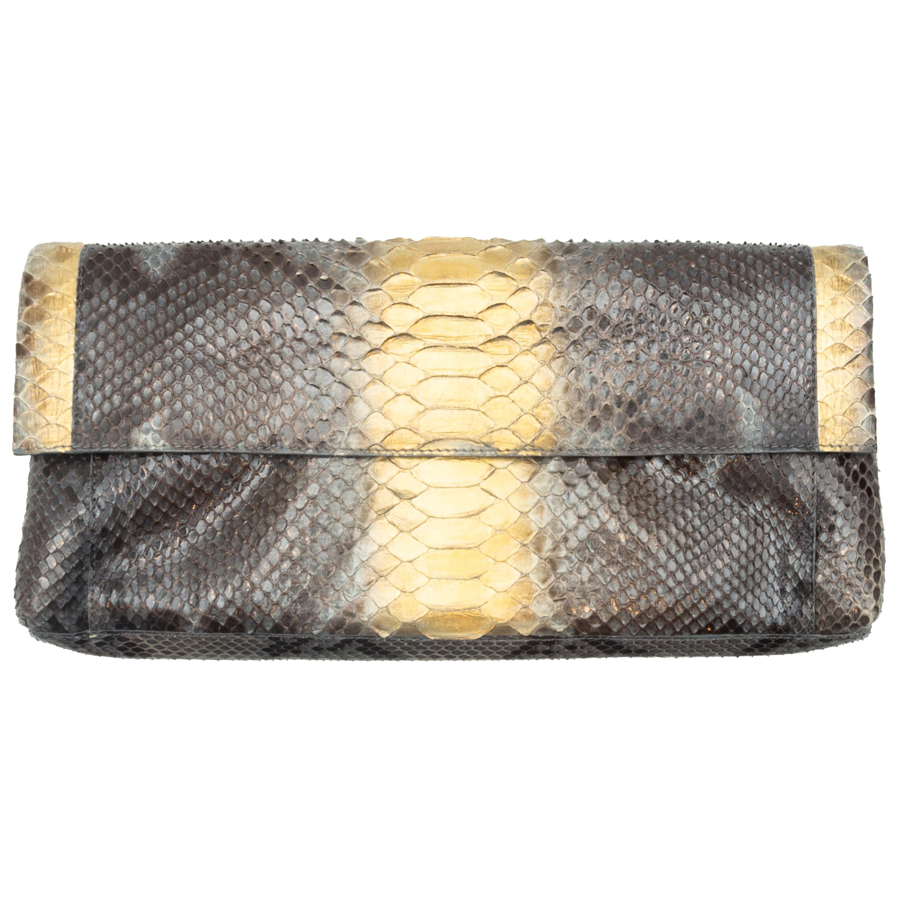 Nancy Gonzalez Brown & Gold Python Clutch