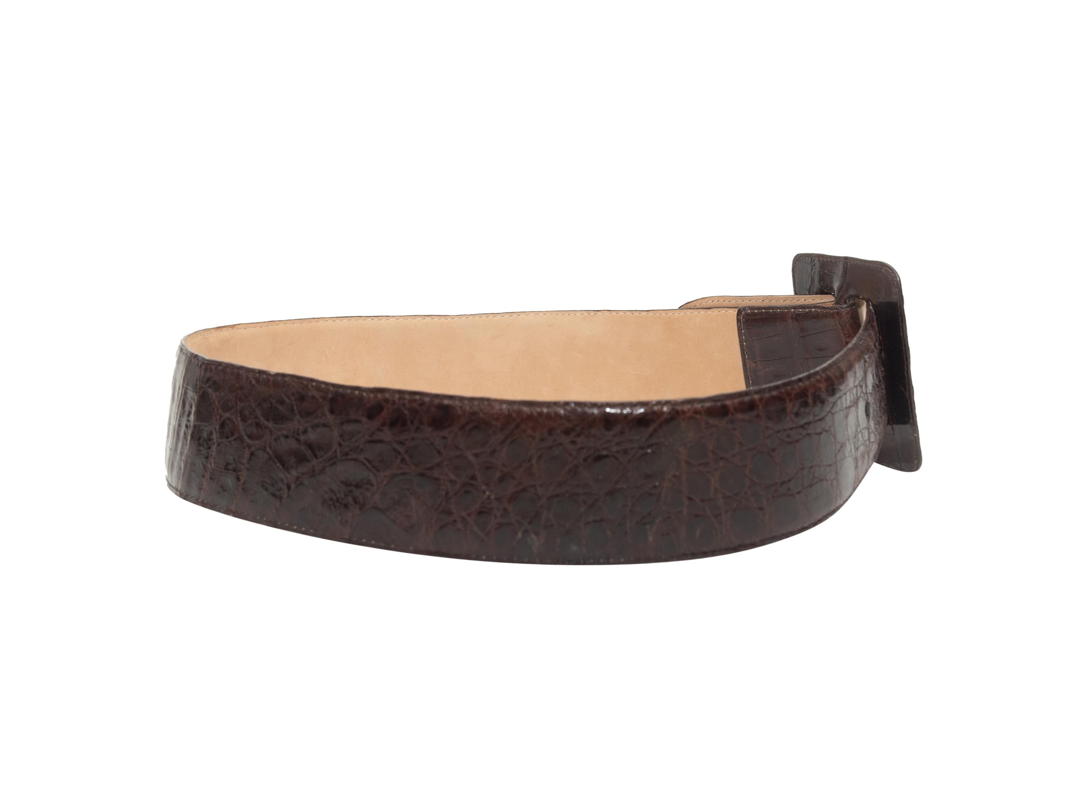 Product details: Dark brown crocodile square buckle belt by Nancy Gonzalez. 24.5