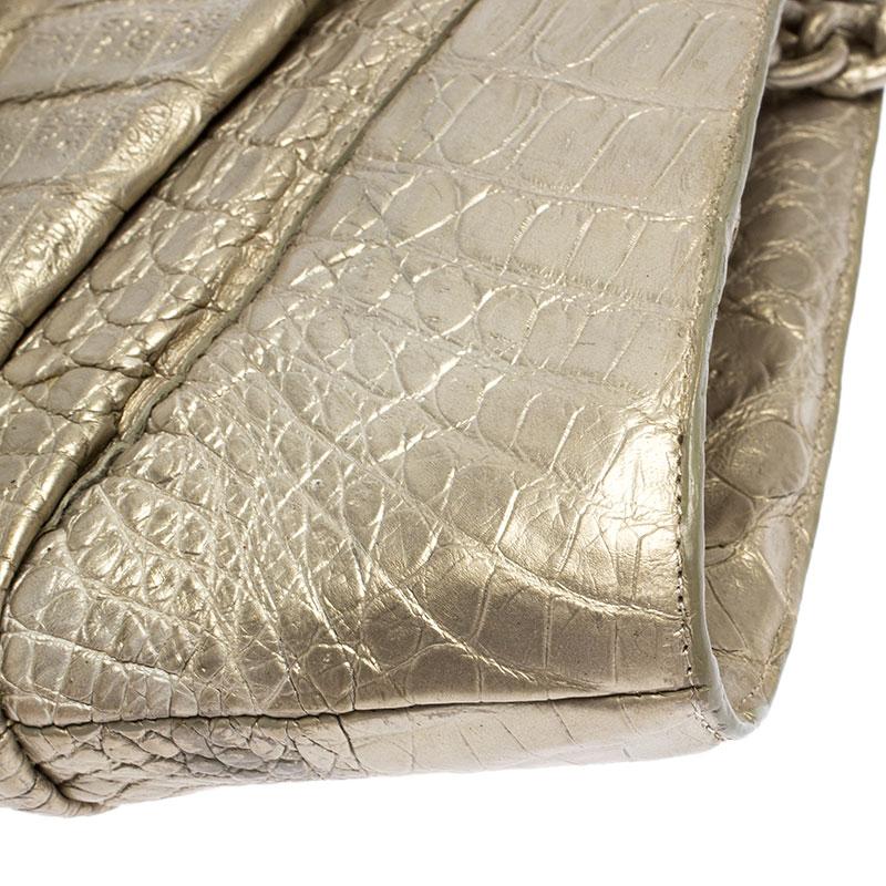Brown Nancy Gonzalez Gold Croc Embossed Leather Chain Clutch