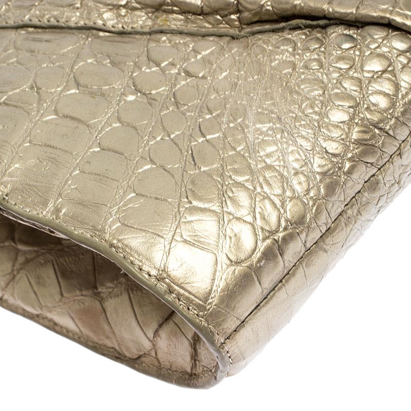 Nancy Gonzalez Gold Croc Embossed Leather Chain Clutch In Excellent Condition In Dubai, Al Qouz 2