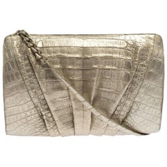Used Nancy Gonzalez Gold Croc Embossed Leather Chain Clutch