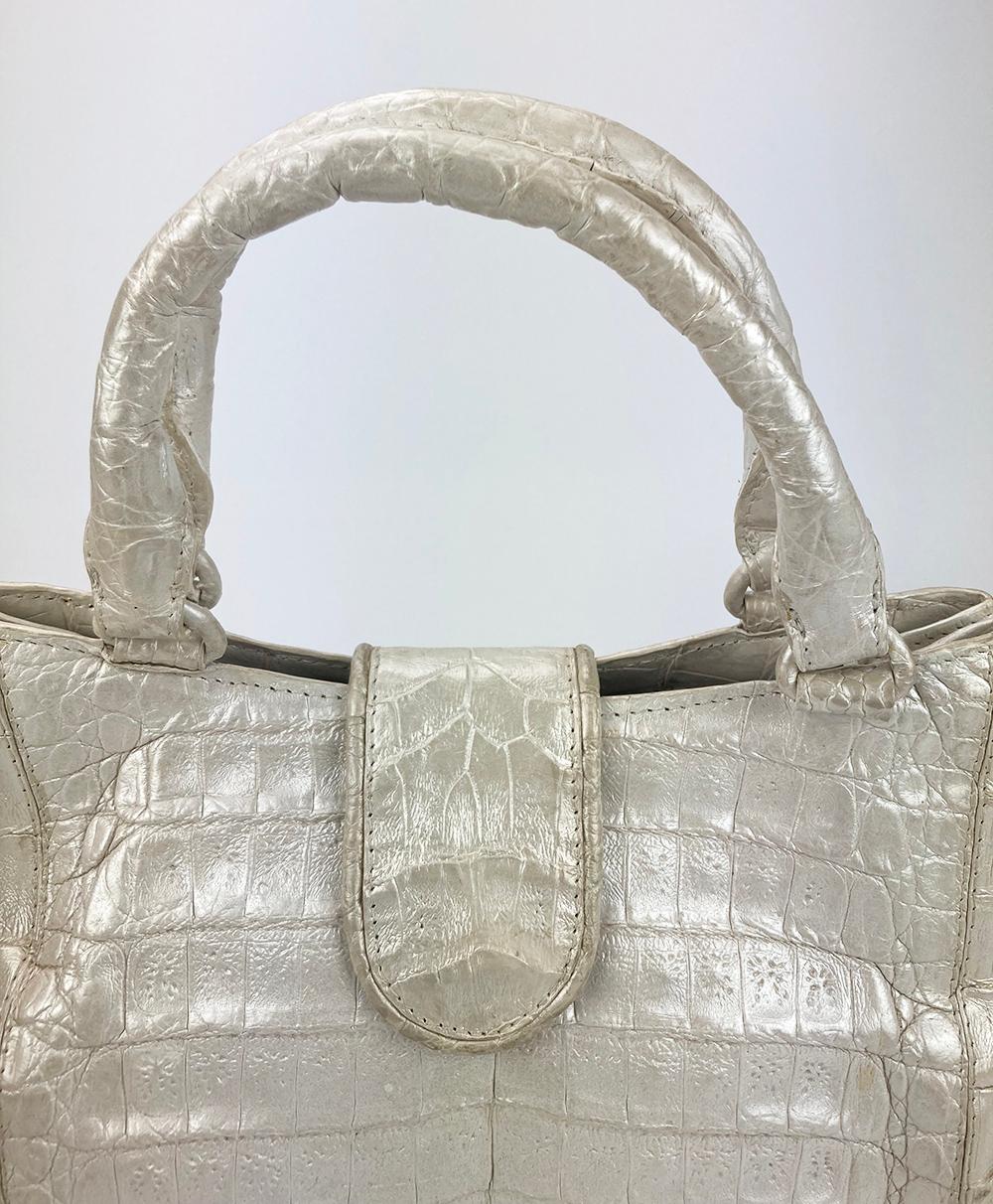 Gray Nancy Gonzalez Iridescent Peal White Crocodile Handbag For Sale