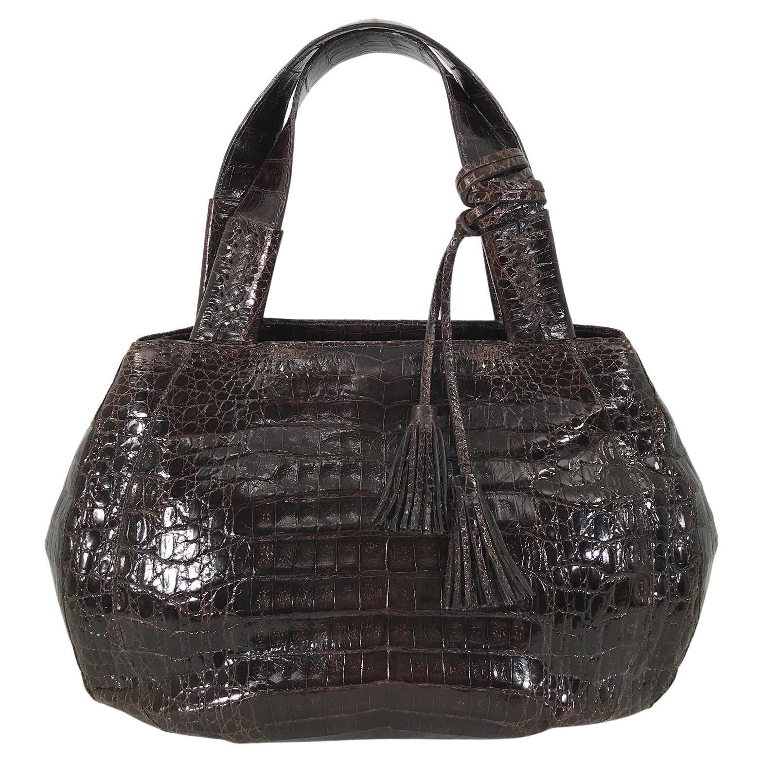 Nancy Gonzalez Large Dark Brown Crocodile Double Handle Handbag For Sale