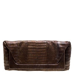 Used Nancy Gonzalez Metallic Brown Crocordile Frame Foldover Clutch