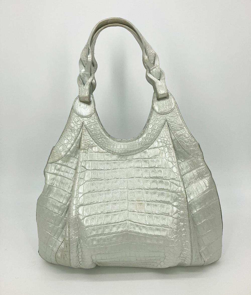 Nancy Gonzalez Pearl White Crocodile Shoulder Bag in good condition. White pearlized crocodile skin with double top handles and pleated body style. Top hidden magnetic closure opens to a white suede interior with one zipped, one pleated phone