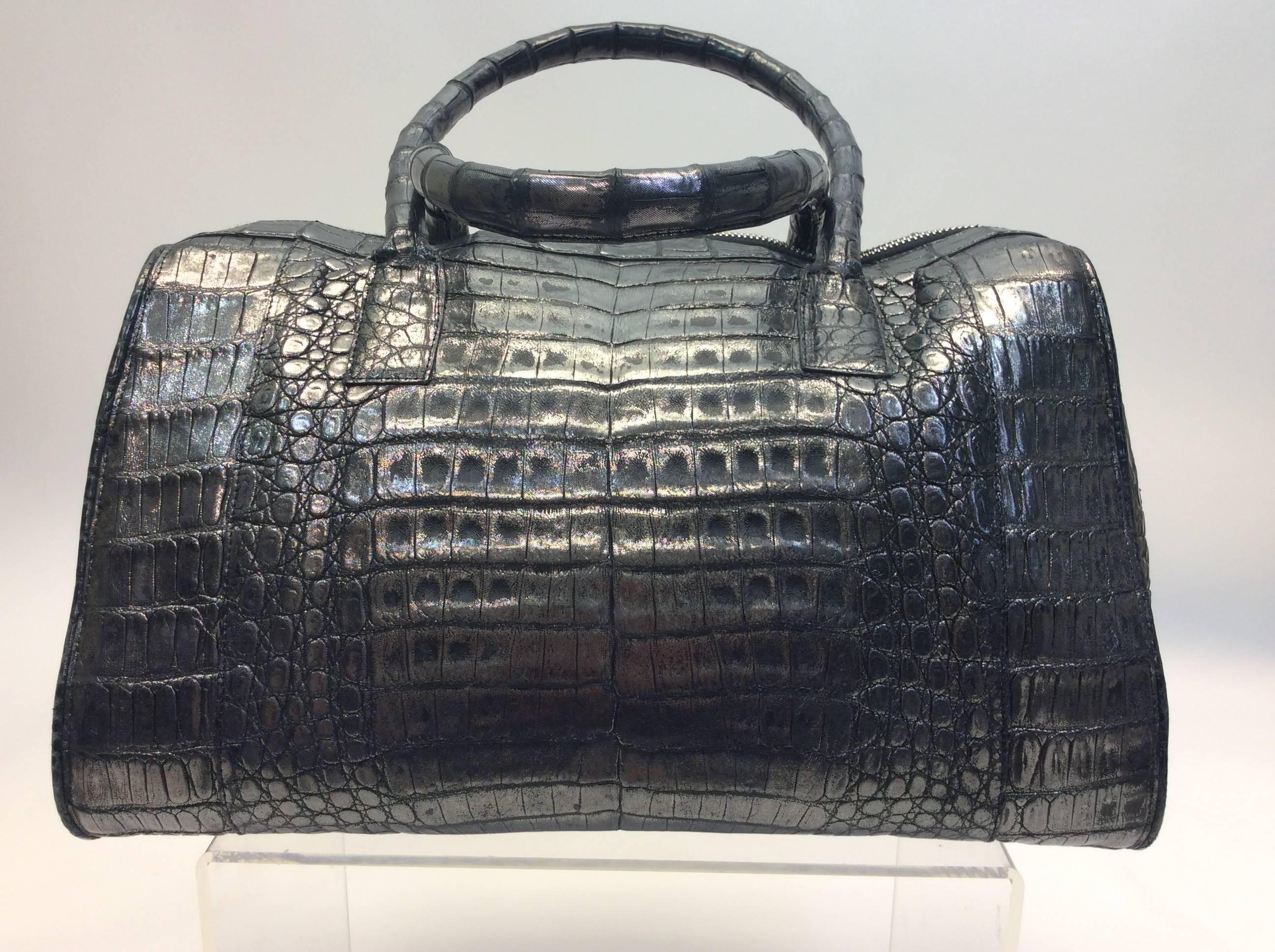 Black Nancy Gonzalez Silver Metallic Crocodile Handbag For Sale