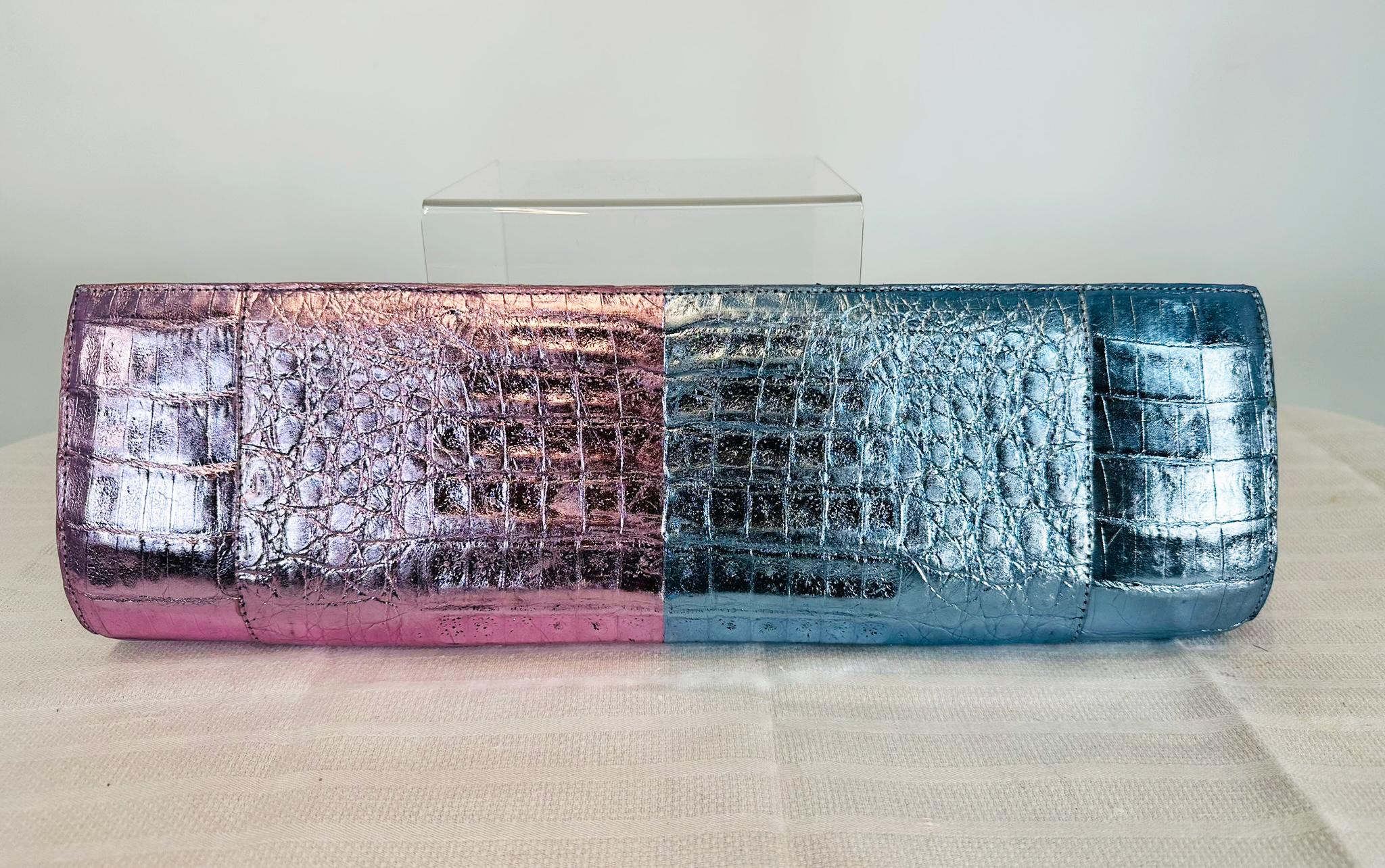 Nancy Gonzalez Sleek  Metallic Pink & Blue Crocodile Long Clutch Bag Hand Bag For Sale 8