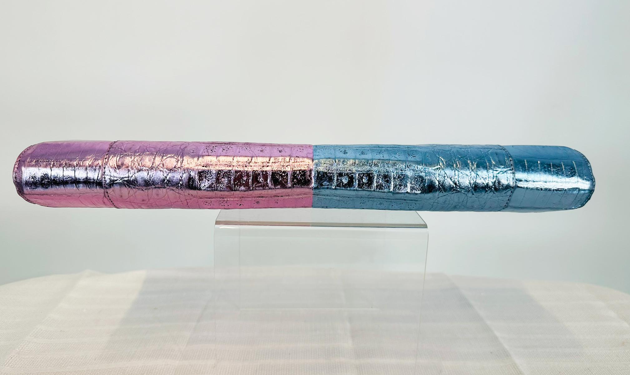 Nancy Gonzalez Sleek  Metallic Pink & Blue Crocodile Long Clutch Bag Hand Bag In Excellent Condition For Sale In West Palm Beach, FL