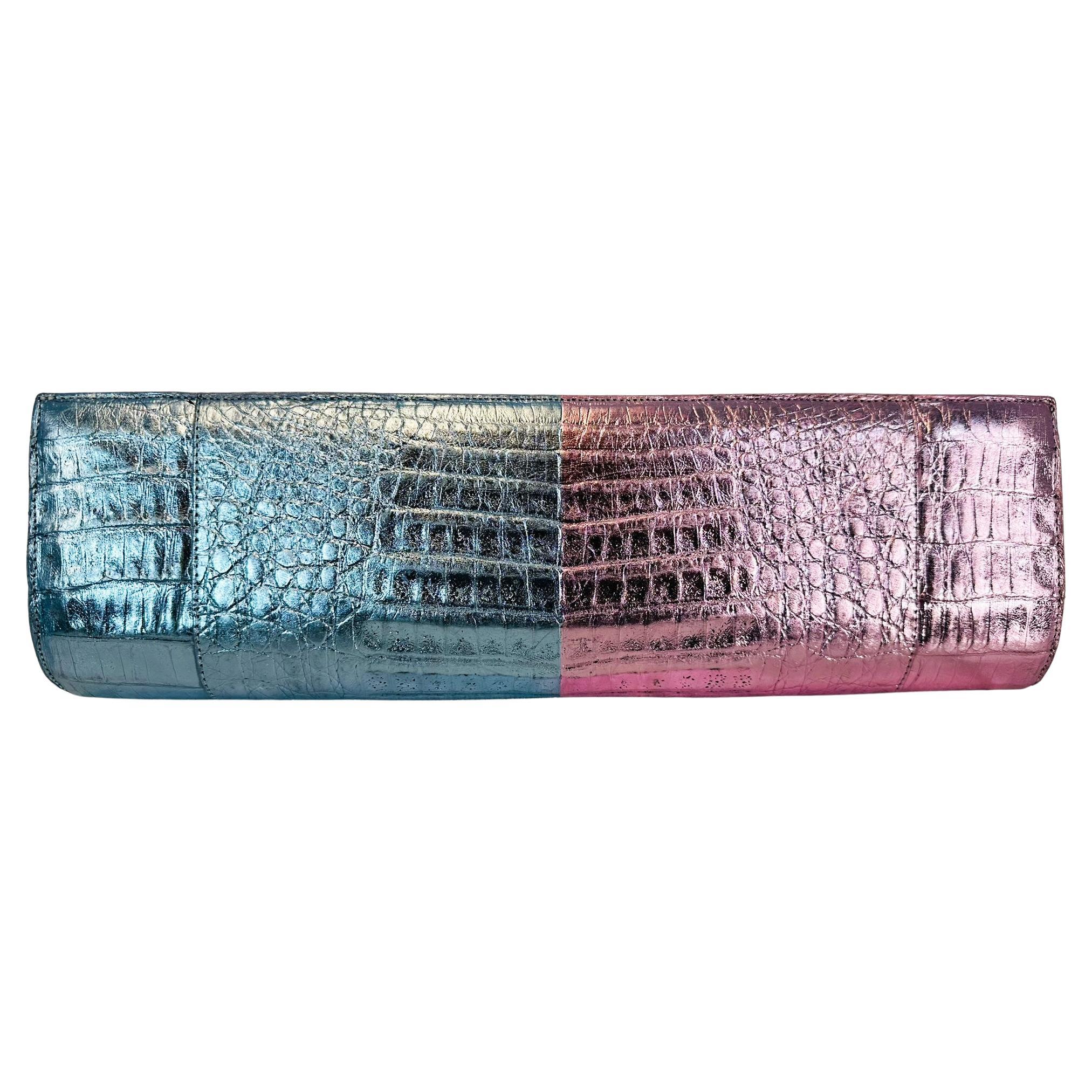 Nancy Gonzalez Sleek  Metallic Pink & Blue Crocodile Long Clutch Bag Hand Bag For Sale