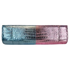 Nancy Gonzalez Sleek  Metallic Pink & Blue Crocodile Long Clutch Bag Hand Bag