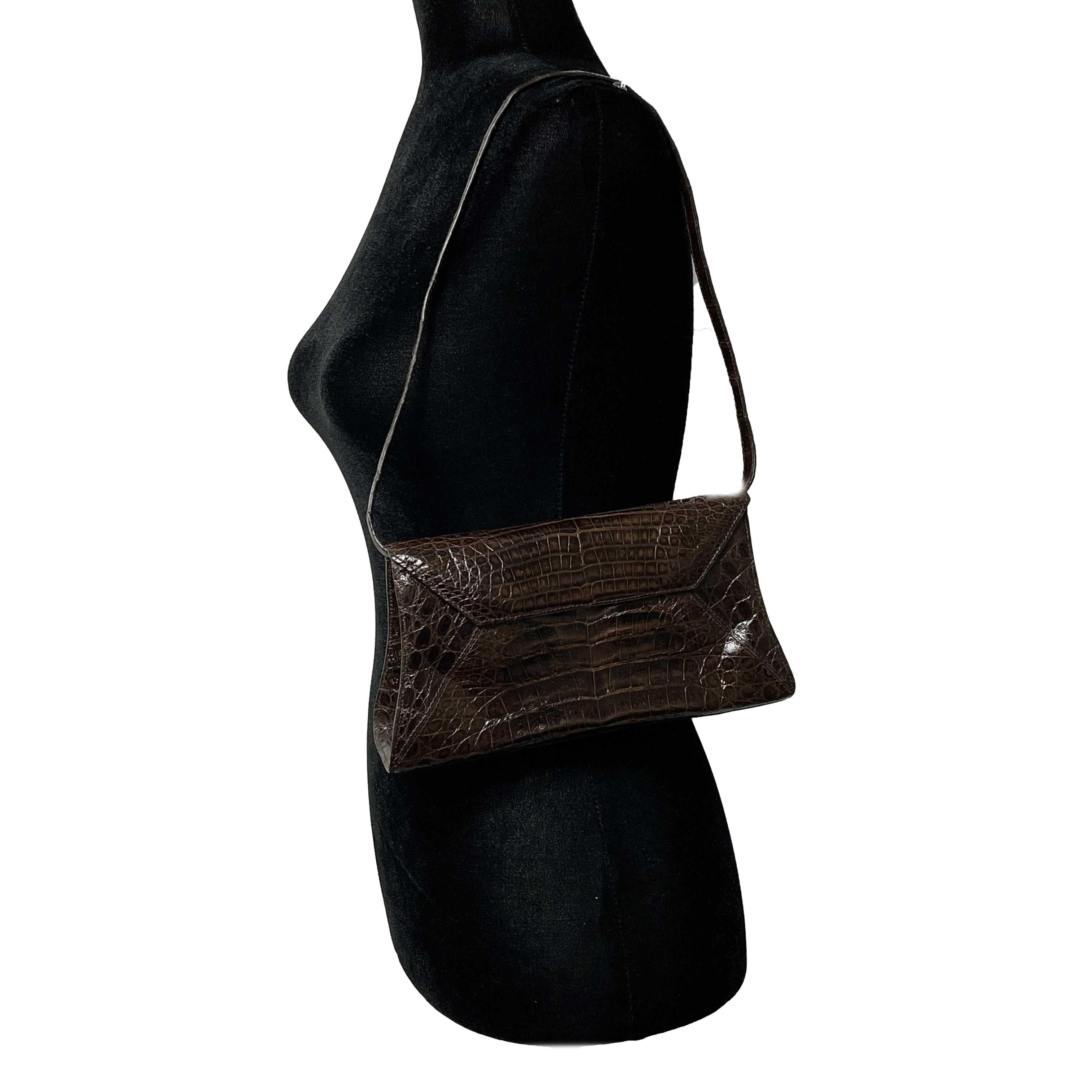 Nancy Gonzalez - Small Crocodile Trapezoid Brown Clutch Envelope Shoulder Bag For Sale 3