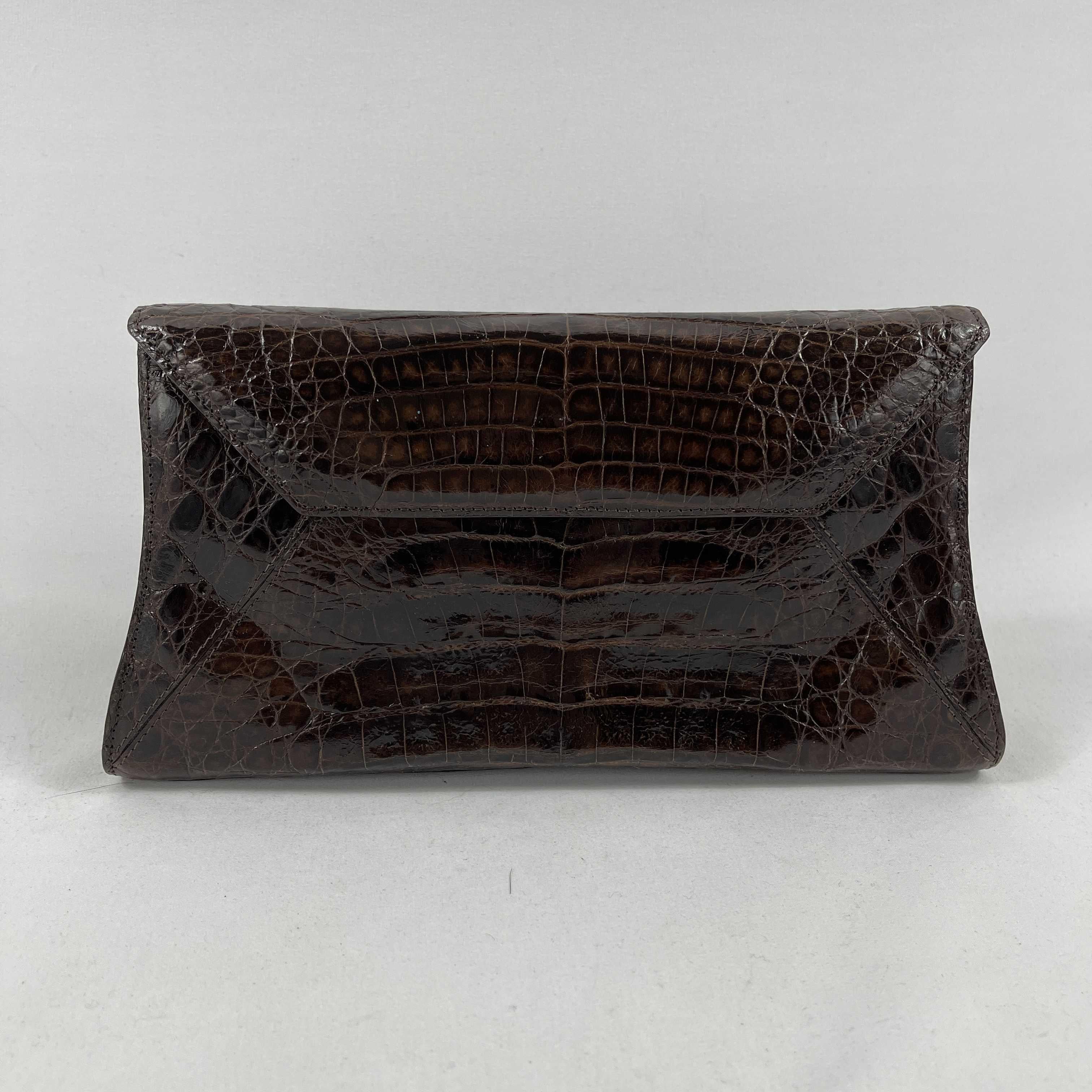 Nancy Gonzalez - Small Crocodile Trapezoid Brown Clutch Envelope Shoulder Bag For Sale 4