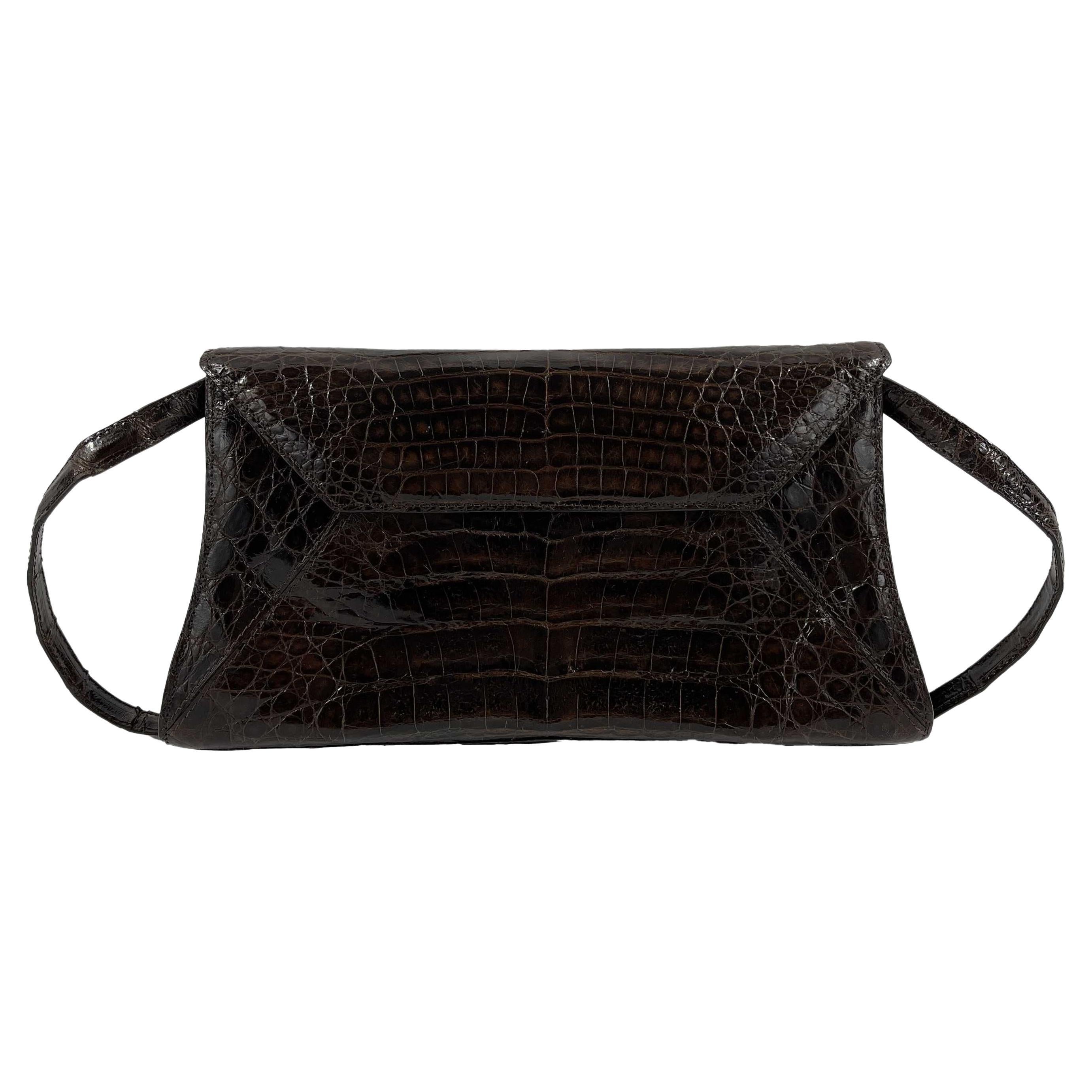 Nancy Gonzalez - Small Crocodile Trapezoid Brown Clutch Envelope Shoulder Bag For Sale