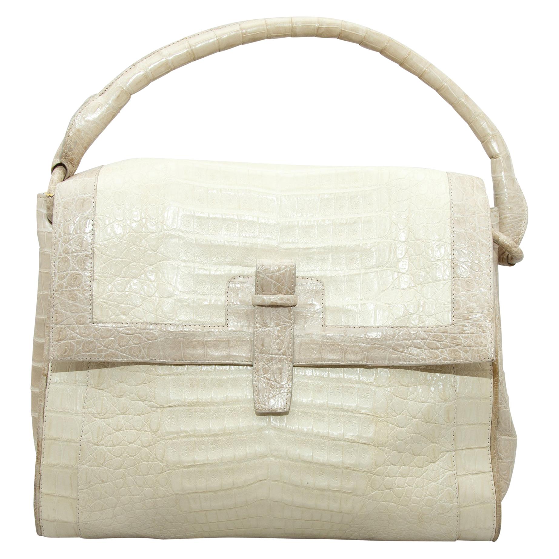 Nancy Gonzalez White & Beige Crocodile Handbag