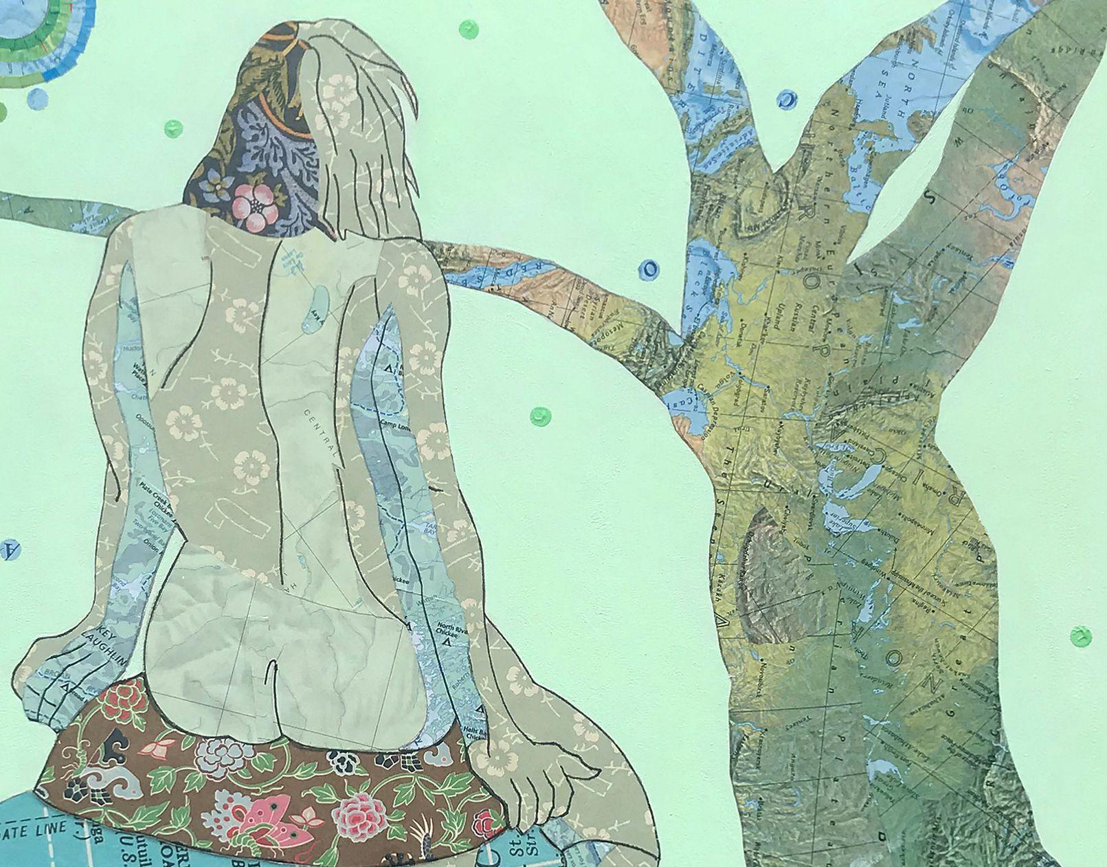 Green Meditation is a mixed media figurative work on a cradled wood panel. I love to draw the figure. I make collages of my drawings of the female figure, which are then placed into imagined settings. I use paint, maps, ink, vintage wrapping paper,
