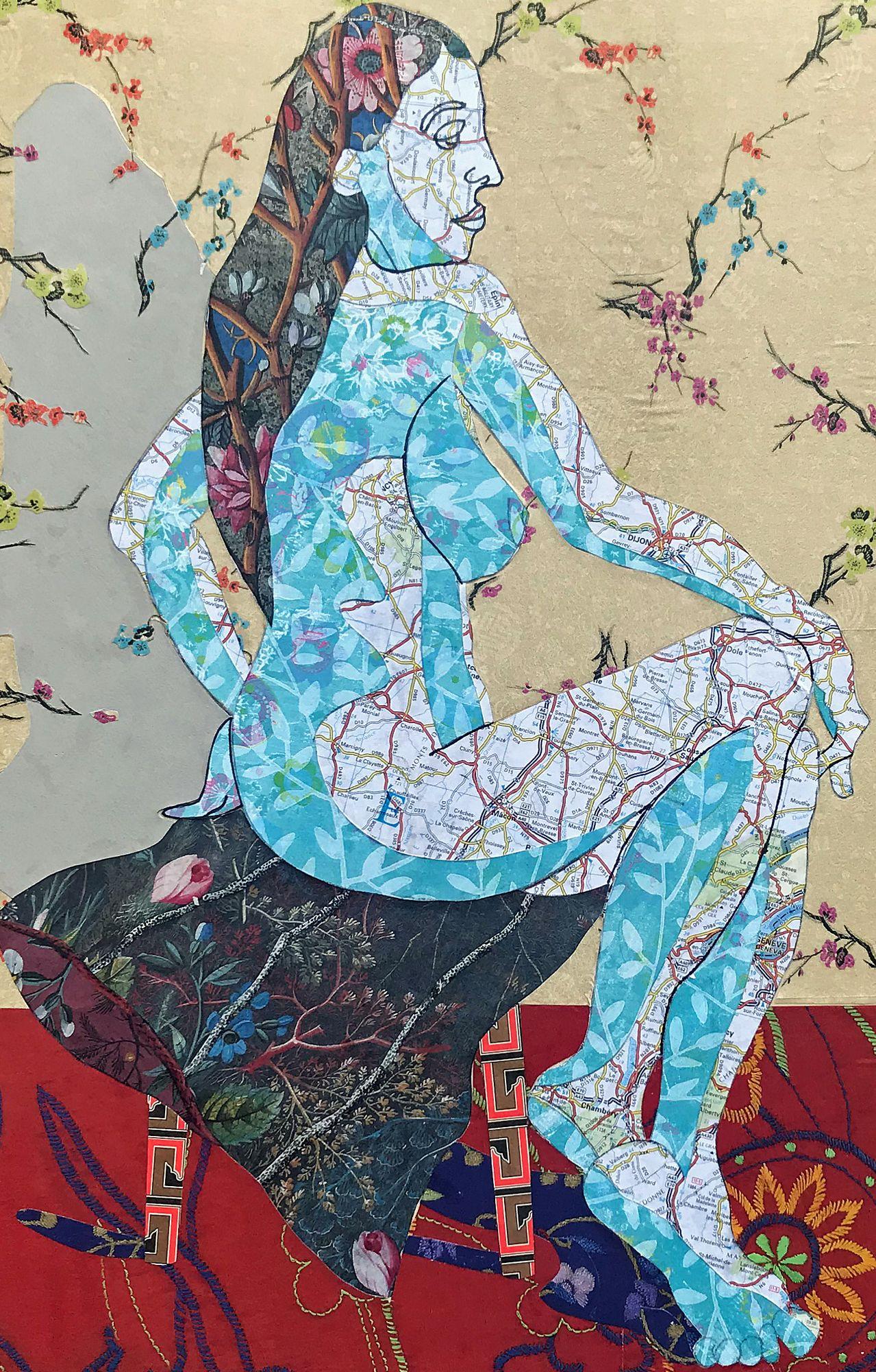 Woman in Thought is a collaged figurative work on a cradled wood panel. I love to draw the figure. I make collages of my drawings of the female figure, which are then placed into imagined settings. I use paint, maps, ink, vintage wrapping paper,