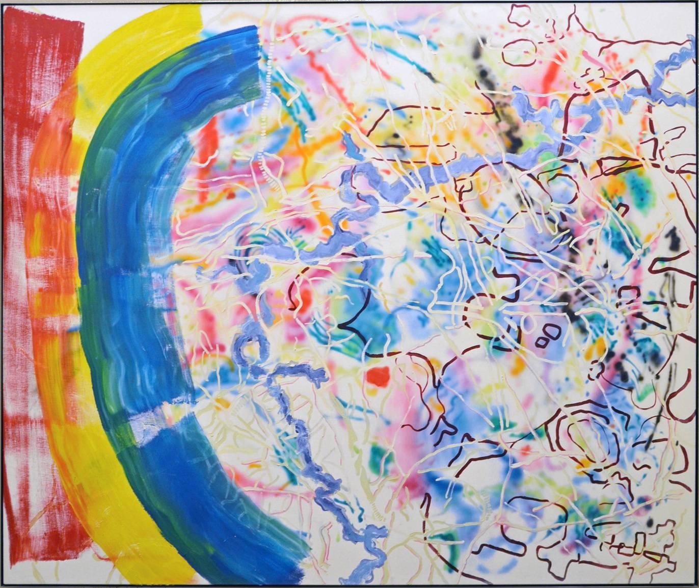 « RBY », 1980, huile/toile - Grande huile/toile abstraite très colorée jaune rouge bleu vert blanc
