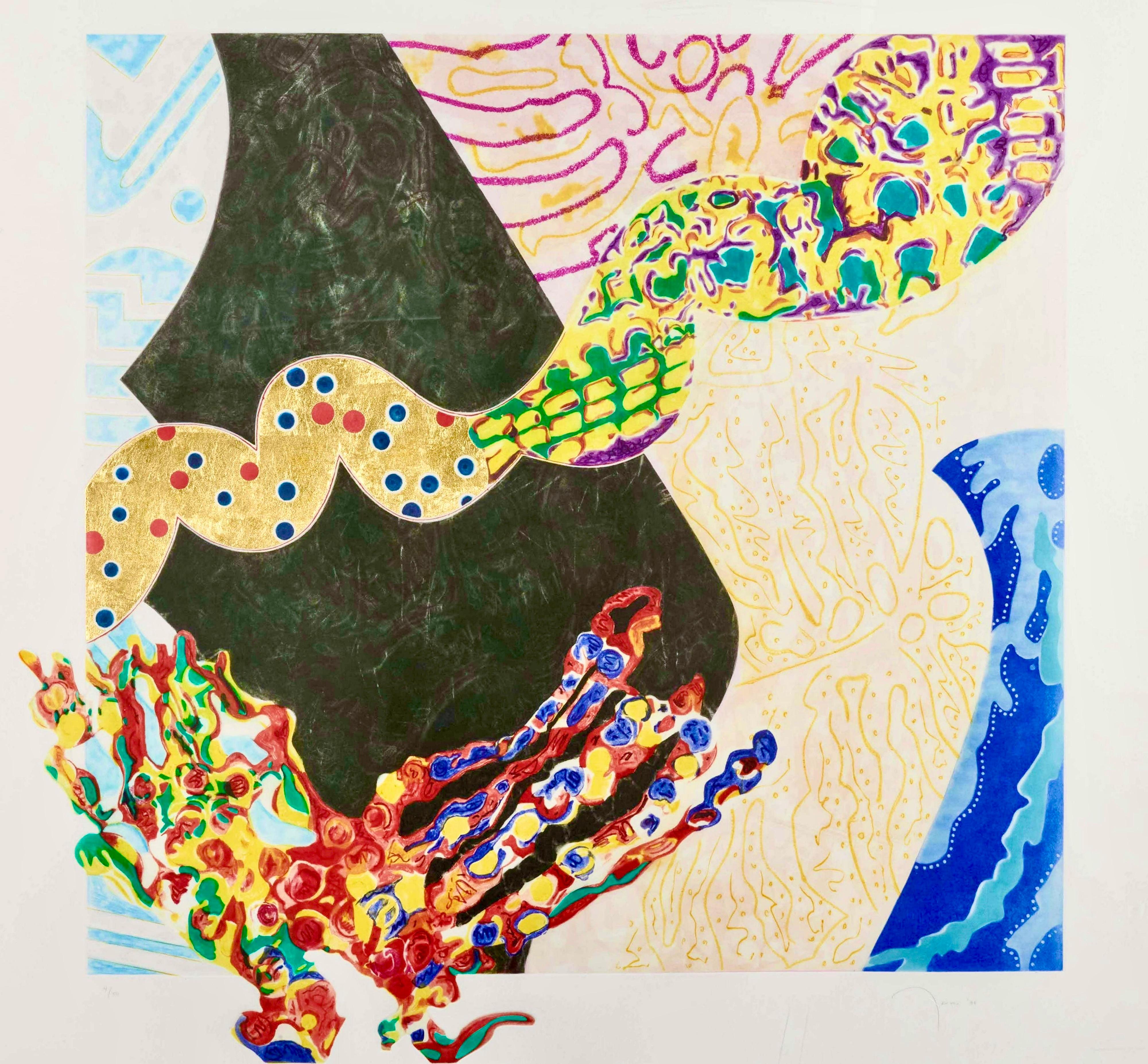 
Nancy Graves, Américaine (1939-1995)
Borborygmi (1988)
aquatinte, pointe sèche, feuille d'or et sérigraphie sur papier Fabriano Artistico
crayon signé à la main par l'artiste en bas à droite, numéroté 4/50 (il y avait aussi 6 épreuves d'artiste de