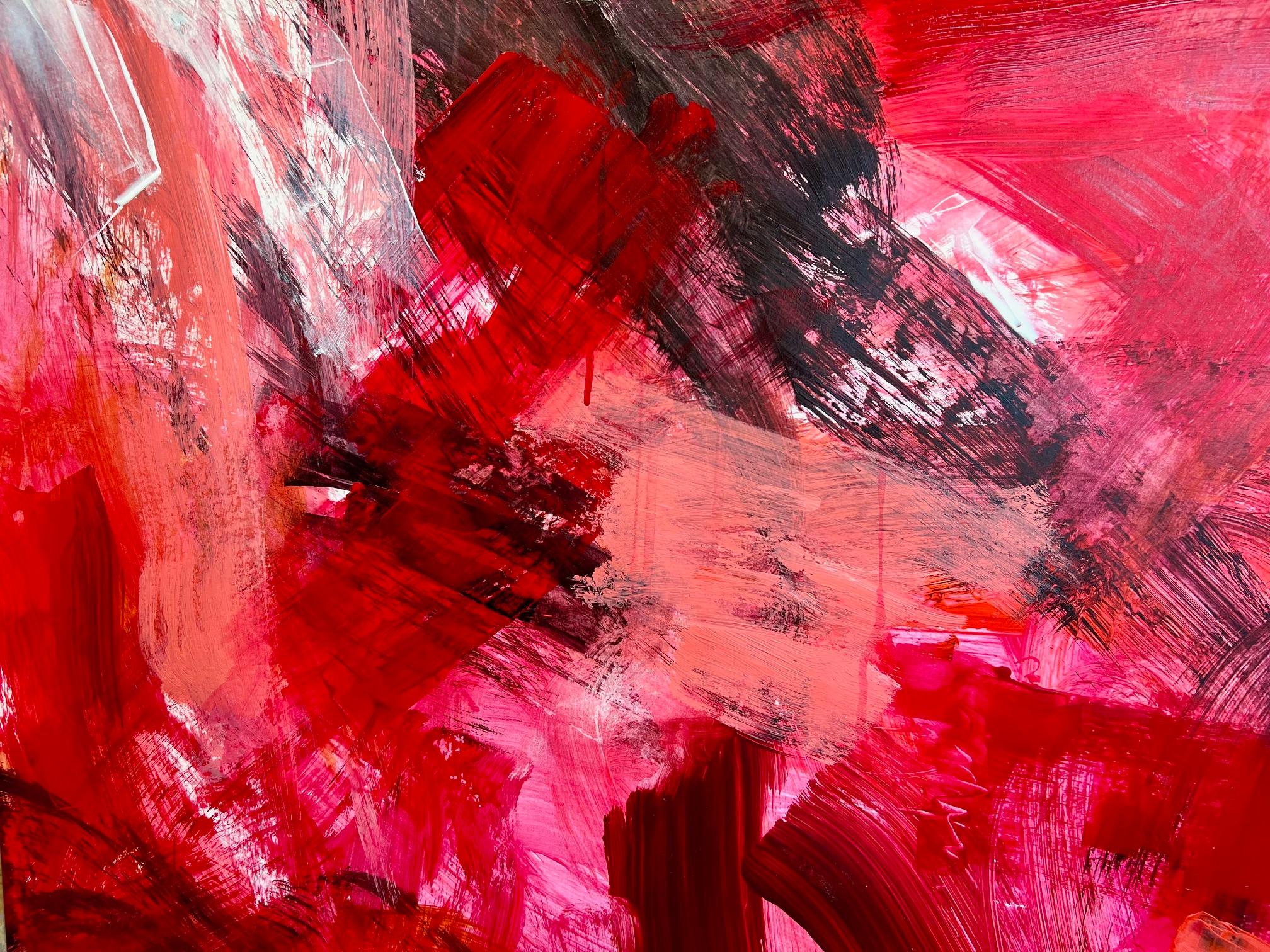 Processo primario Rosso #2, Nancy Hillis. Pittura acrilica espressionista astratta rossa, nera e bianca su carta. 61