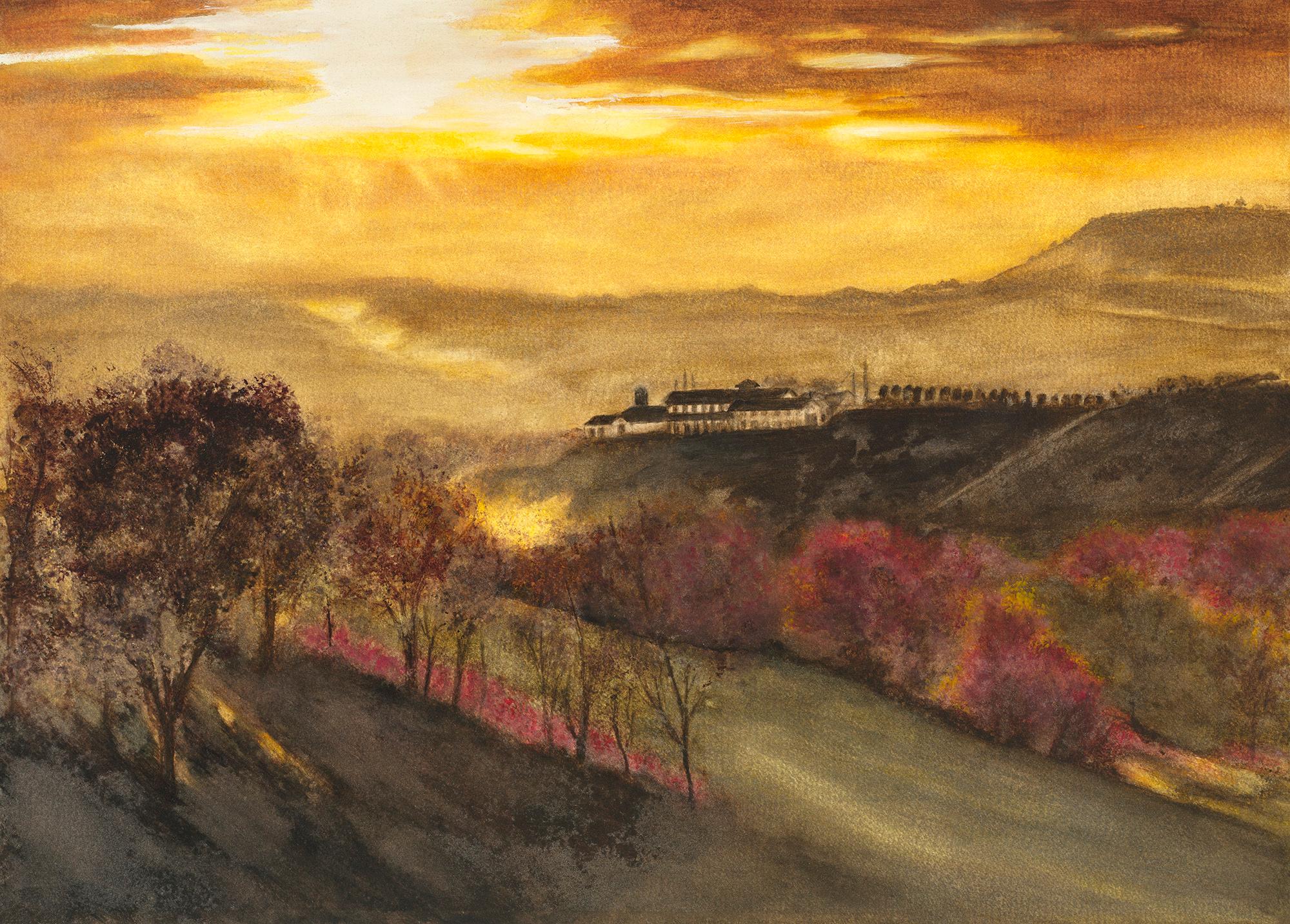 Nancy Holleran Landscape Painting - Italian Sunset in Barolo, Italy