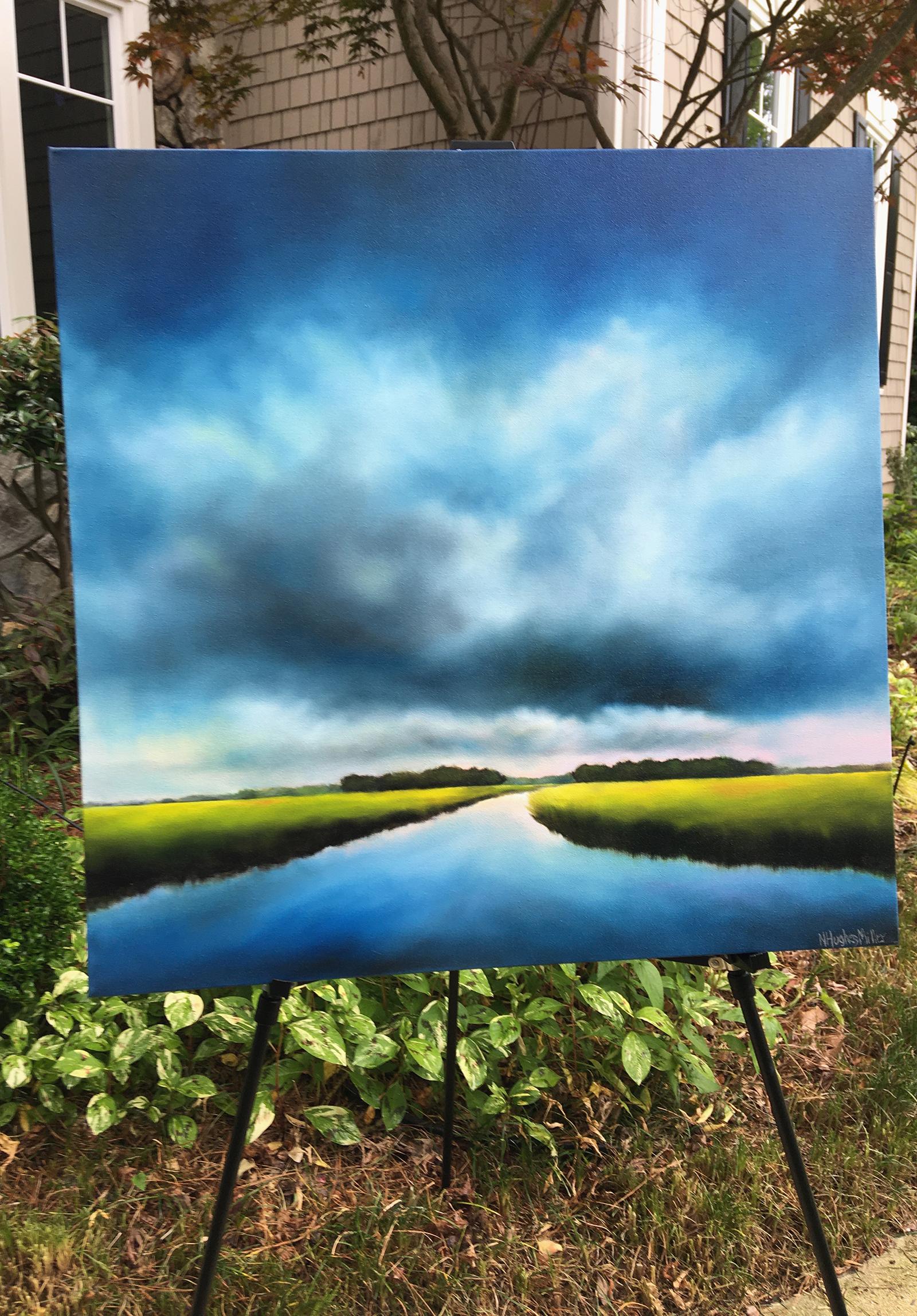 Blue Clouds Marsh, Oil Painting - American Realist Art by Nancy Hughes Miller