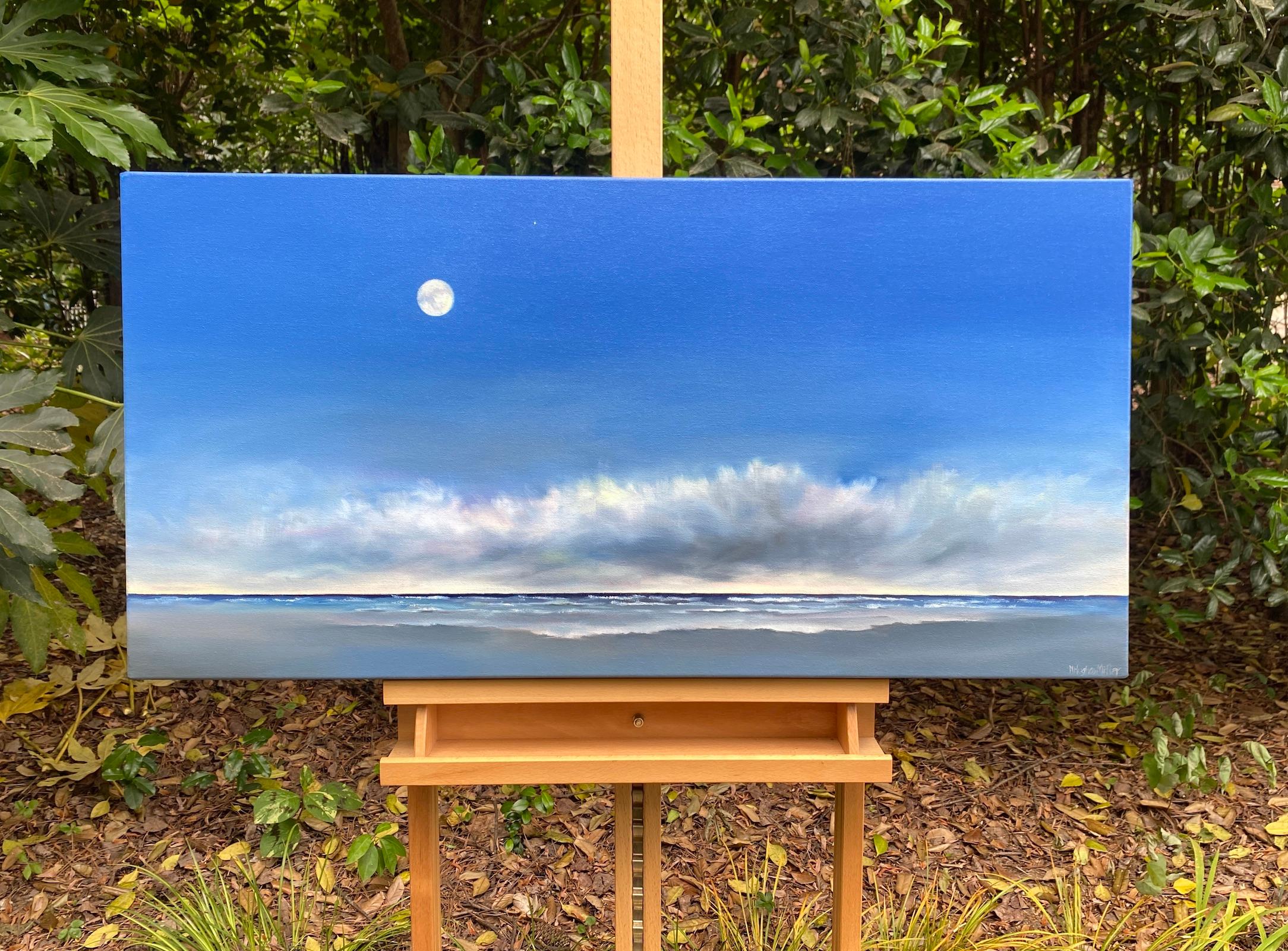 <p>Artist Comments<br>Beneath the moonlit sky and wispy clouds, gentle waves crash upon the quiet shore. The vast expanse of the seascape offers a feeling of serene openness and possibilities. A profound sense of calm fills the rich blue hues across