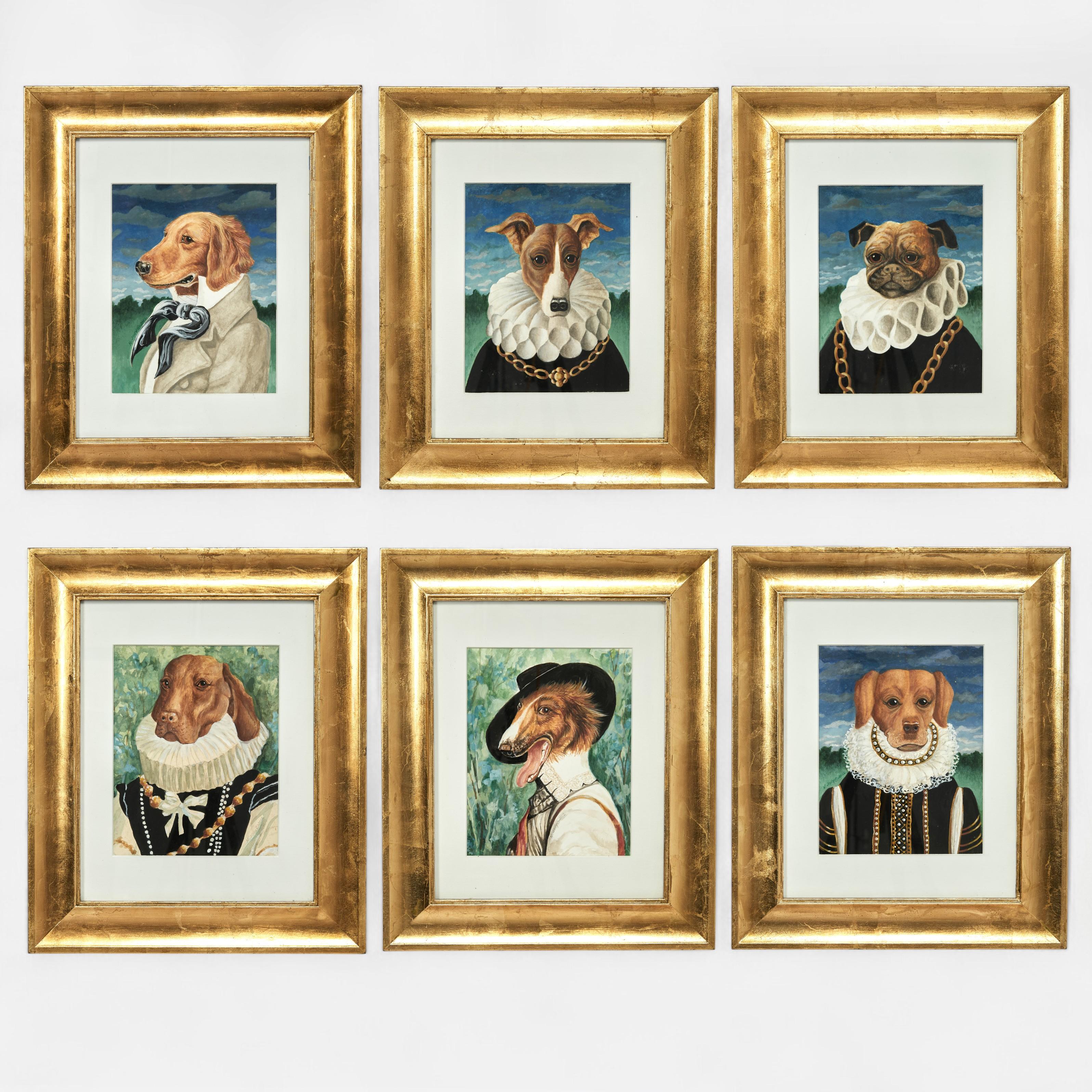 Ensemble de six peintures de chiens en tenue humaine par Nancy Jolly