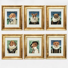 Satz von sechs Gemälden von Hunden in menschlicher Kleidung von Nancy Jolly
