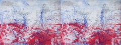 Against Rouge Cardinal, abstract landscape aquatint print, blue, red, silver.