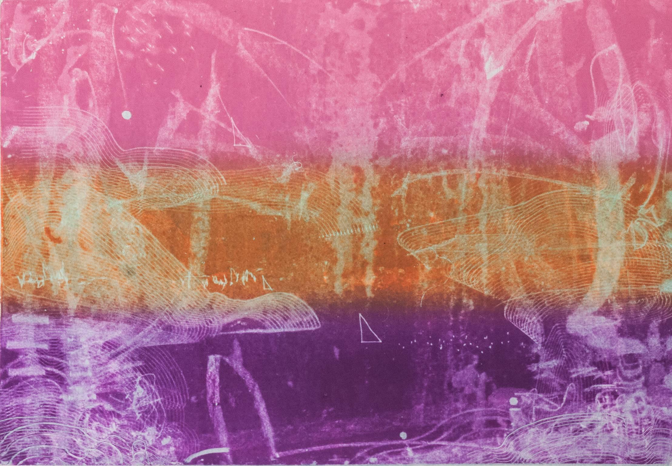 Nancy Lasar Landscape Print - “Becalmed”, sea scape inspired trace monoprint, shades of pink, orange, violet.